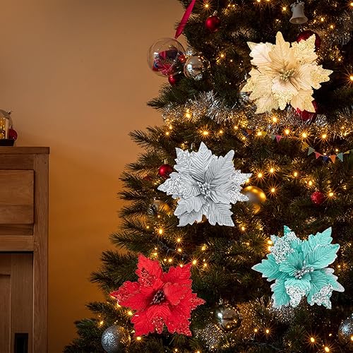 Miniatura 6 de 6 adornos para árbol de Navidad con purpurina para árbol de Navidad, flores artificiales de Navidad, accesorios florales, flores de franela