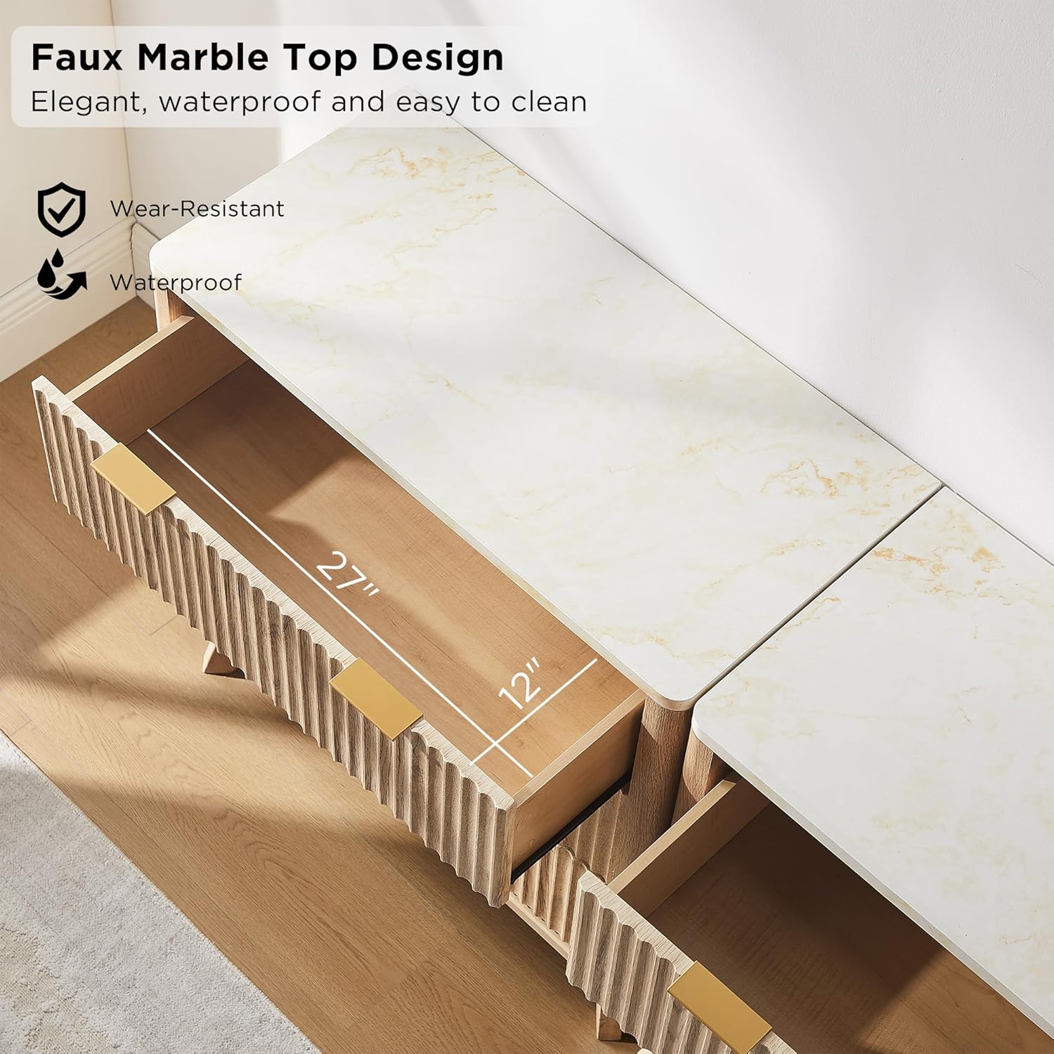 T4TREAM Set of 2 Fluted 3 Drawer Dresser, 32" Tall Modern Chest of Drawers with Faux Marble Top, Curved Profile Design, Wood Organizer for Bedroom, Living Room, Hallway, Entryway, Natural Oak