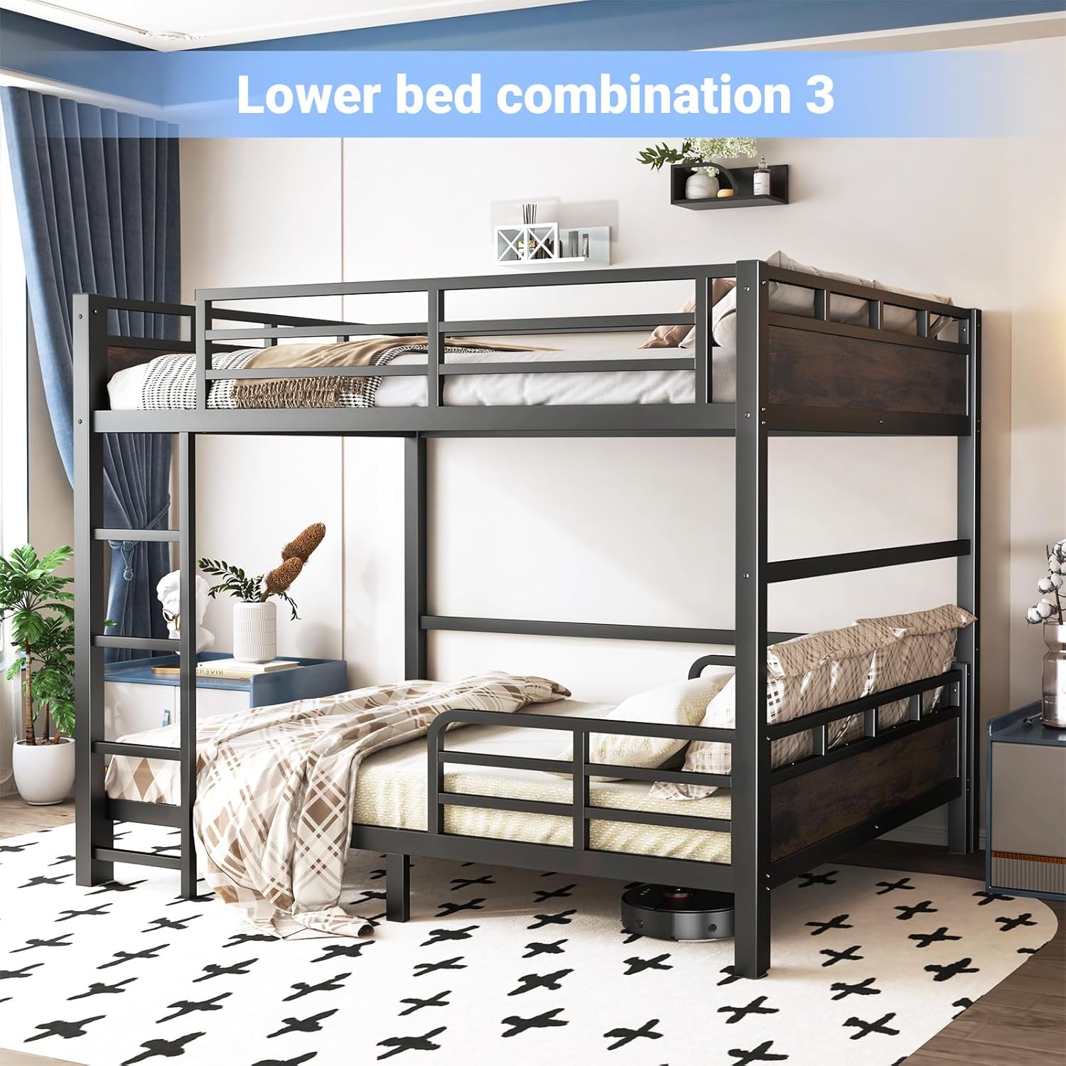 Queen Over Queen Bunk Bed, Convertible Metal Bunk Beds Can Separate into Loft Bed and Platform Bed, Heavy Duty Noise-Free Bed Frame with Safety Rails for Adults Teens Kids, Black