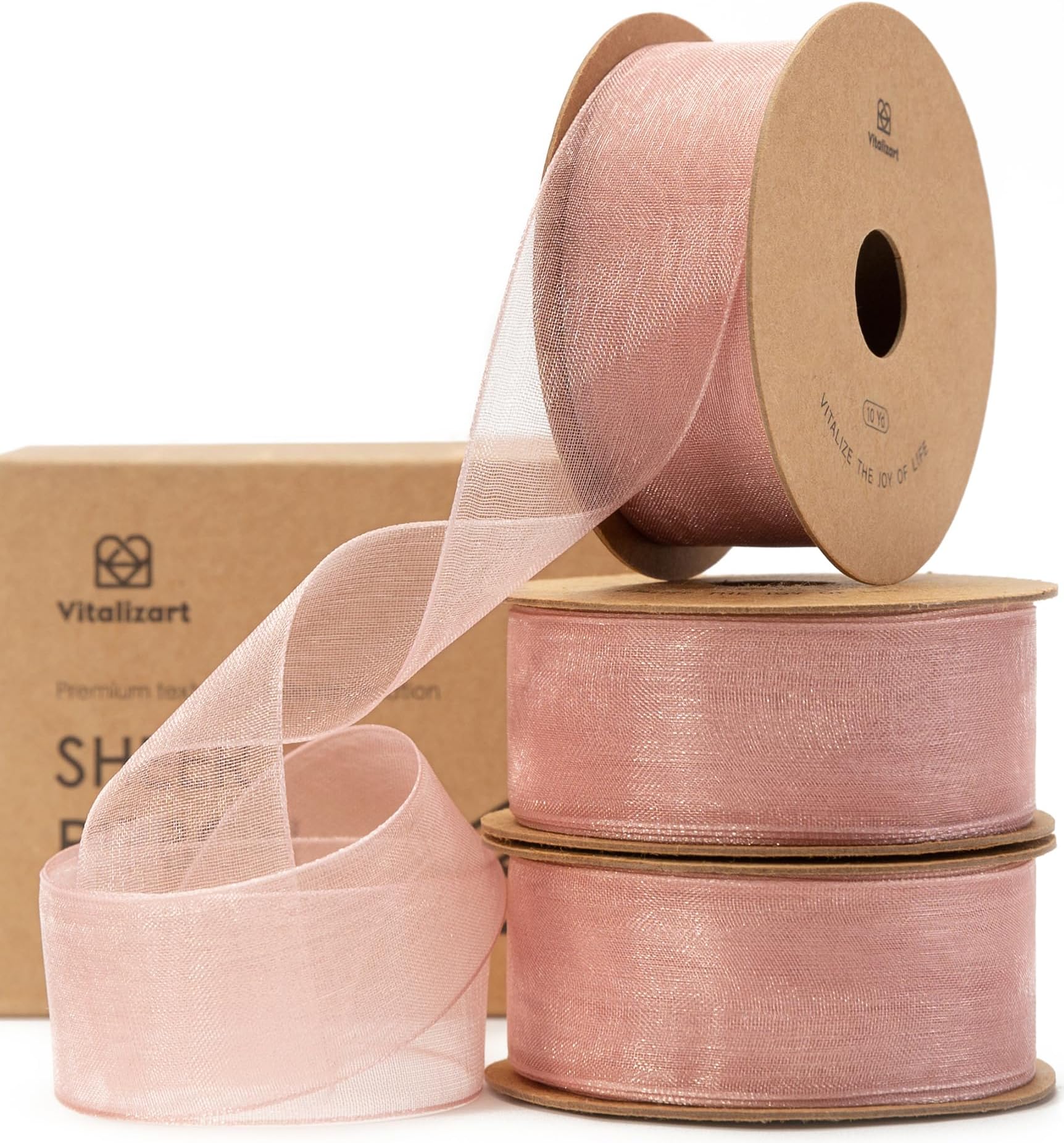 Vitalizart Rose Gold Ribbon Organza Sheer Ribbon 1 inch x 30Yd Handmade Fabric Light Pink Ribbons for Gift Wrapping Christmas Tree Crafts Bows Wedding Invitations Wreaths Wrap