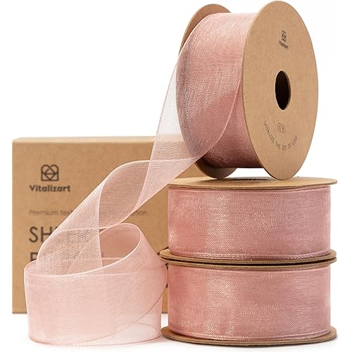 Vitalizart Rose Gold Ribbon Organza Sheer Ribbon 1 inch x 30Yd Handmade Fabric Light Pink Ribbons for Gift Wrapping Christmas Tree Crafts Bows Wedding Invitations Wreaths Wrap