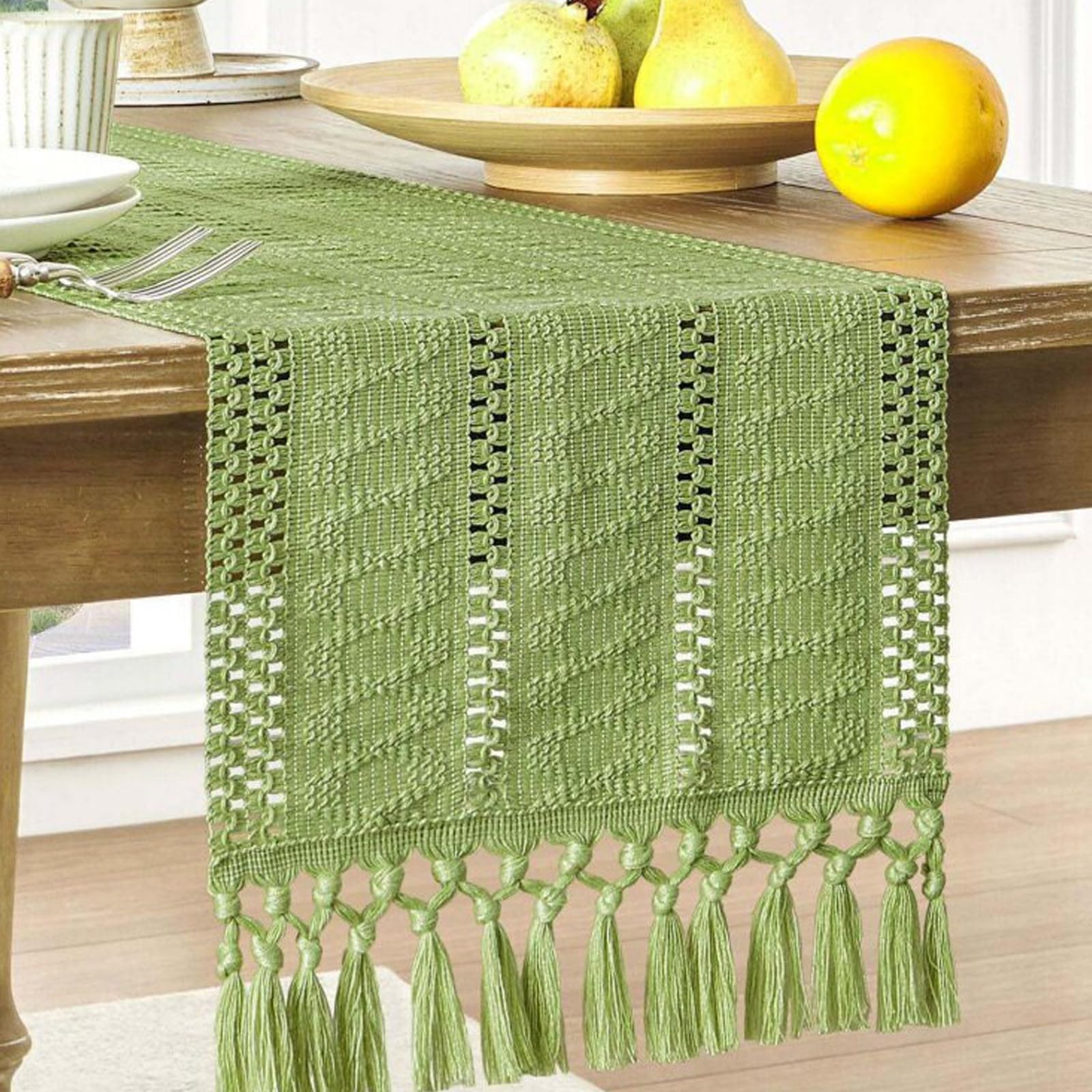 Handmade Knotted Tassel Cotton Linen Table Runner, Hollow Woven Farmhouse Decorative Long Table Runner, for Dining Table, TV Stand, Coffee Table(Green,140cm/55.1in)