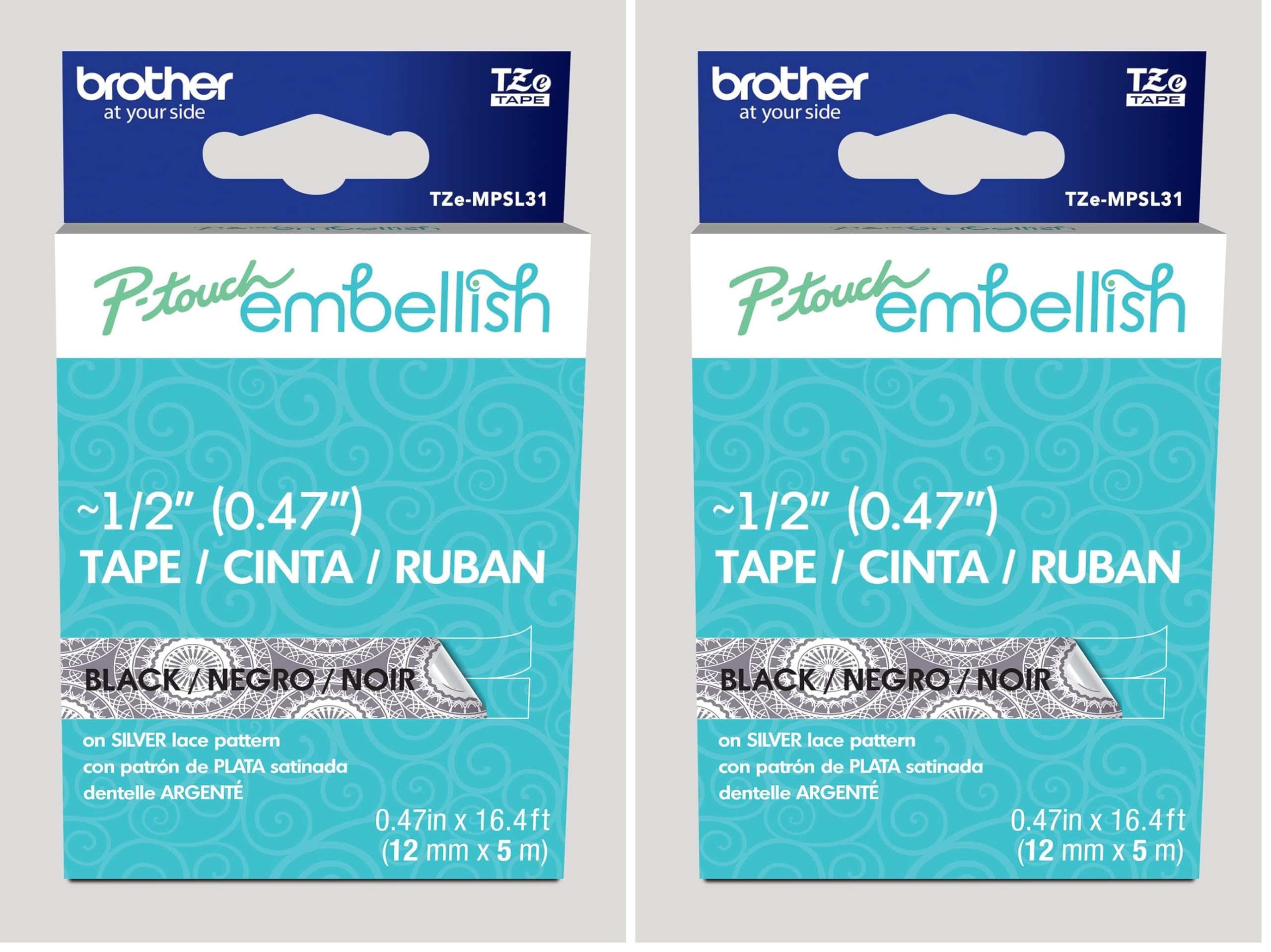 Brother P-Touch Embellish Black Print on Silver Lace Patterned Tape TZEMPSL31 – ~½” Wide x 13.1’ Long for use with P-Touch Embellish Ribbon &amp; Tape Printer (Pack of 2)