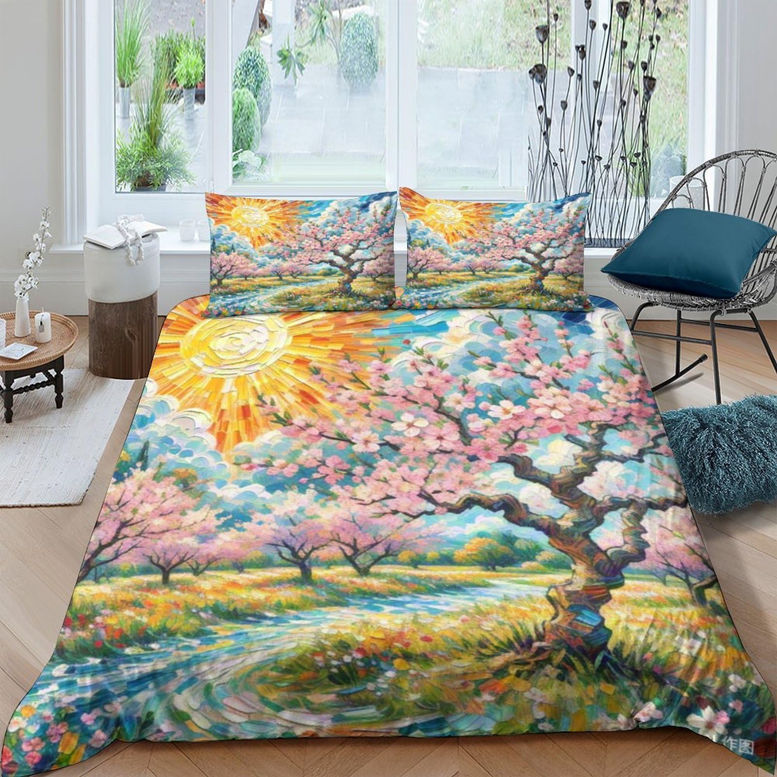 Housse de couette fleur de pêche 3D linge de lit microfibre 200x200 avec taie d'oreiller
