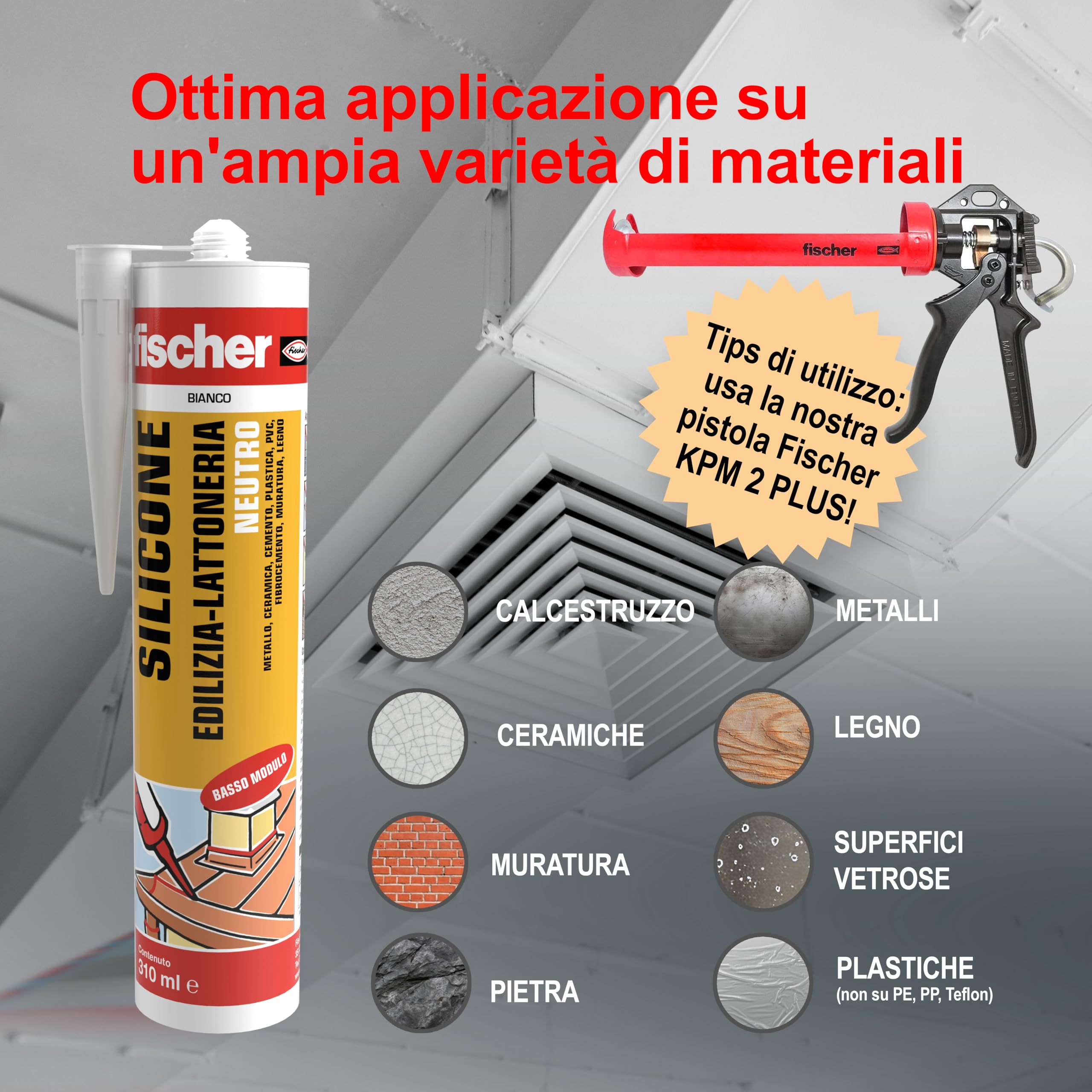 Fischer SBM 310 Testa di Moro, Silicone Sigillante Basso Modulo Neutro per Edilizia, Elastico, Inodore, Senza Solventi, Interni/Esterni, Lattoneria, Facciate, Vetrate
