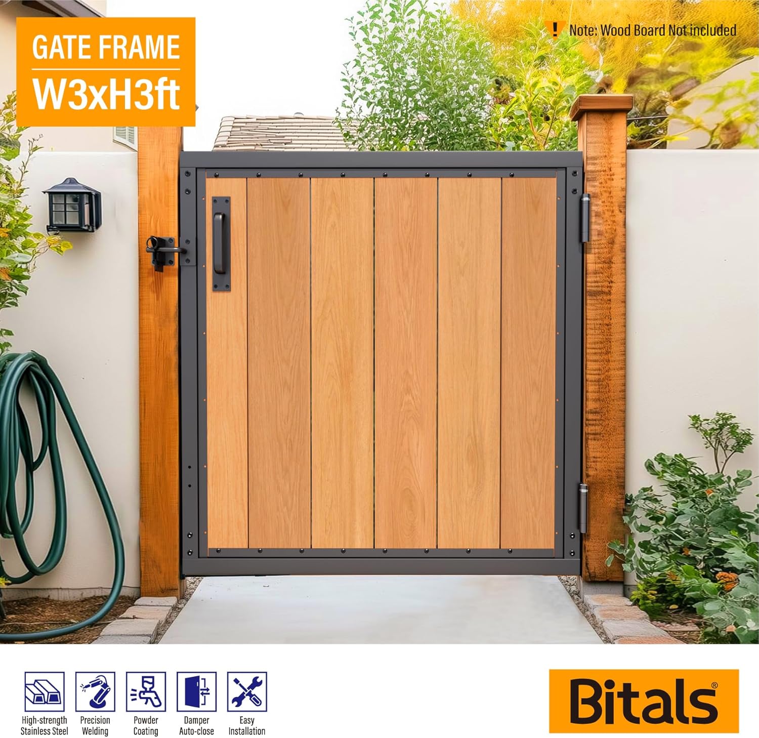 3x3FT Fence Gate Frame Kit 201 Stainless Steel Anti-Sag Heavy Duty Garden Gate Reinforcement Hardware, Left/Right Mount (No Panels Included)(34.8"W x 35.4"H)