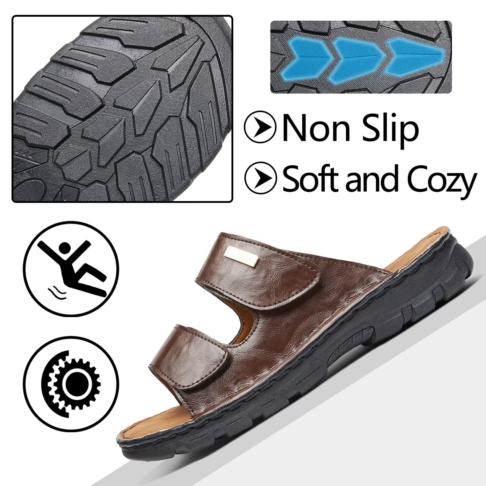 Sandales Homme en Cuir avec Double Scratch Réglable, Mules Ouvertes Respirantes Confortables Antidérapantes pour Été, Plage, Maison