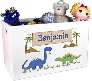 My Bambino Personalized Dinosaur Toy Box for Boys Custom White Wooden Theme for Kids Bin Child Safe with No Lid Storage Playroom Nursery (Dinosaur)