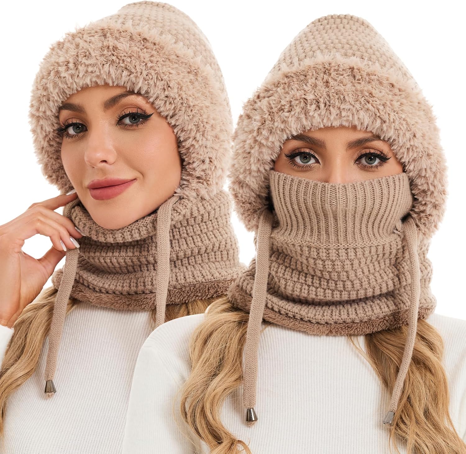 Sumolux 3 in 1 Beanie Hat for Women with Fleece Lined Scarf and Mask Outdoors Windproof Knitted Ski Mask Set