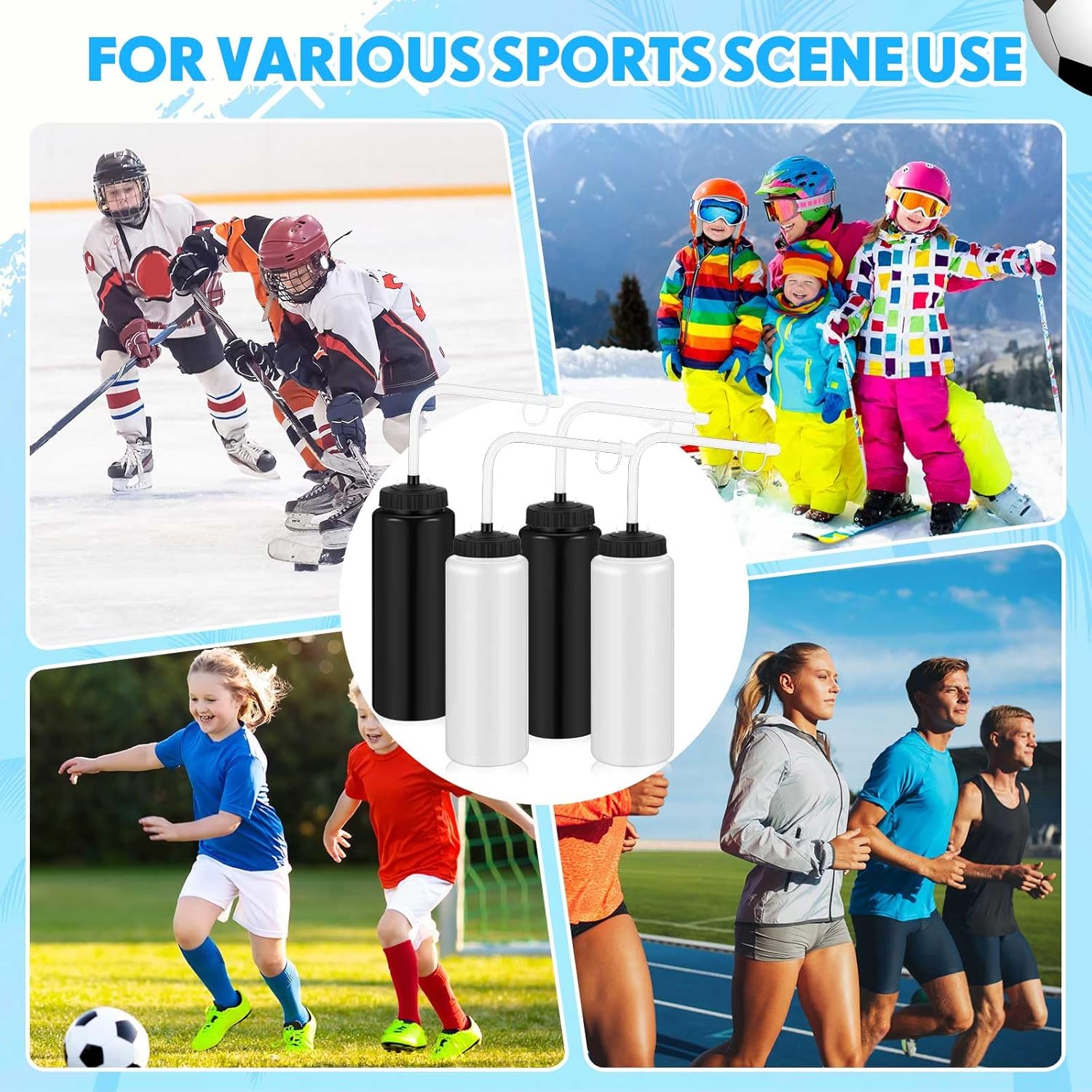 Domensi 4 Pack 1 Liter Hockey Sports Water Bottle with Long Straw BPA Free Easy Squeeze Plastic Bottle for Helmet Sport Football Lacrosse Baseball Gym Yoga(Black/translucent,Classic) - Image 6