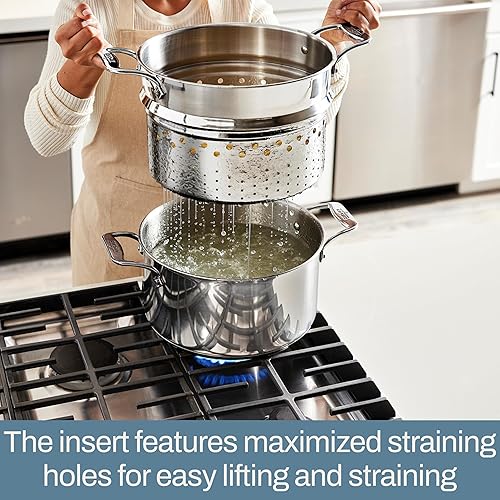 Miniatura 3 de All-Clad Simply Strain Olla de Acero Inoxidable, Multiolla con Inserto y Tapa, 16 Cuartos Apta para Inducción Horno Asador hasta 600F, Colador,