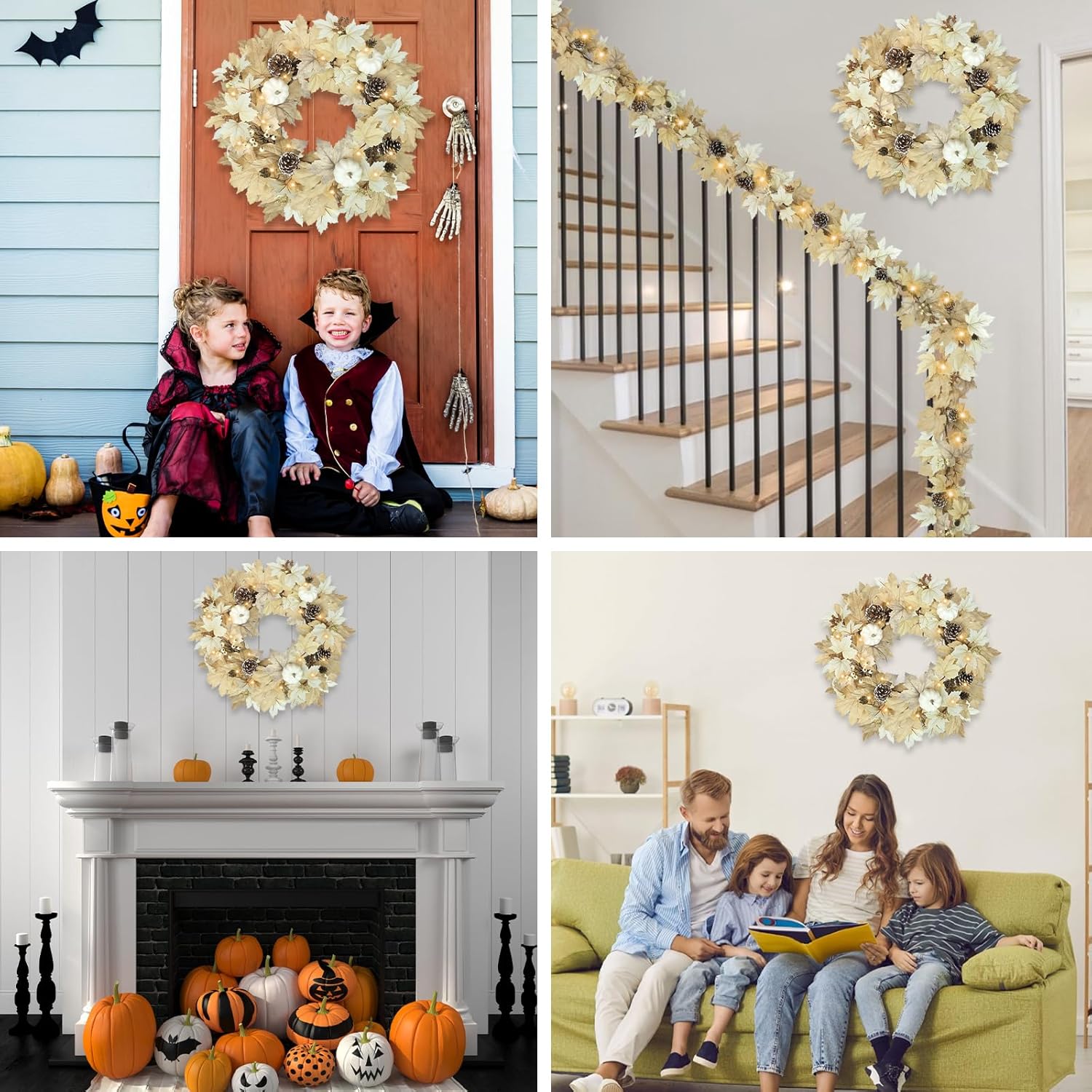 Fall Wreath with Lights 22 Inch - Fall Wreaths for Front Door Thanksgiving Halloween with Fall Home Decorations Autumn Wreath for Indoor Outdoor Wall Festival Decor