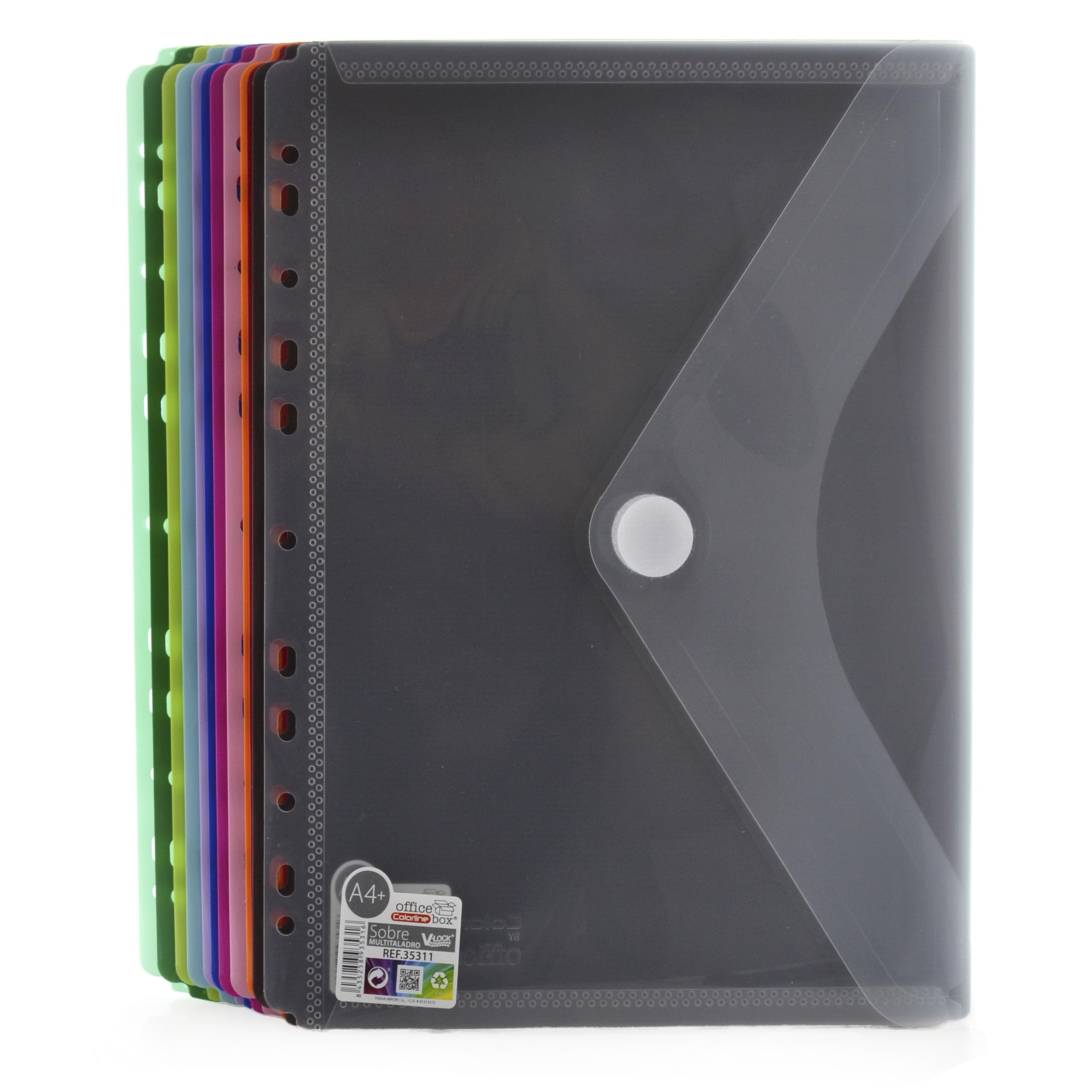 Pack de 12 Sobres con Cierre V-LOCK en Polipropileno, 100% ECO - Tamaño A4+ Para archivar en Carpetas de anillas con 12 Colores sólidos Colorline en acabado Soft Touch by Office Box.