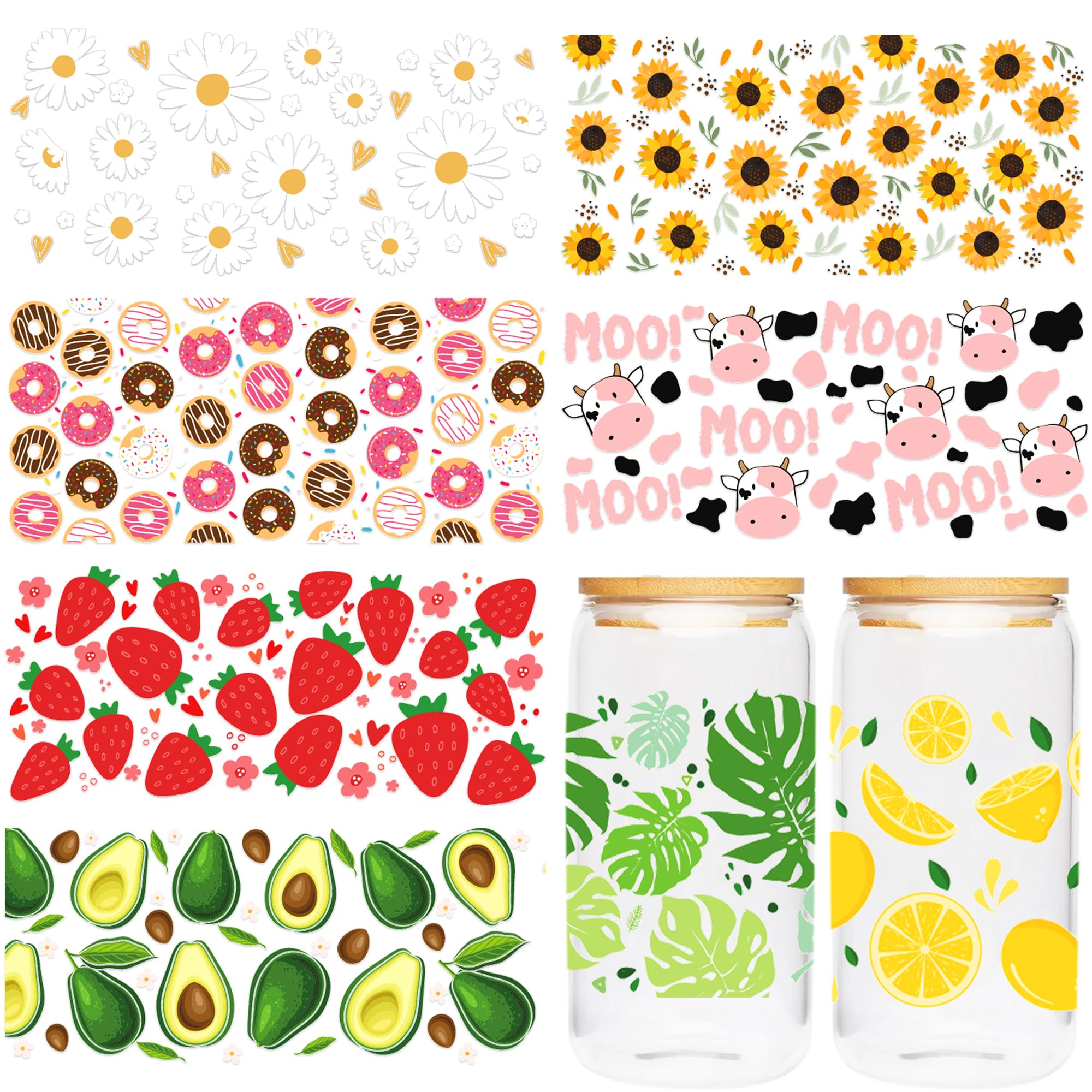 Amazon.com: UV DTF Cup Wrap Sticker - 8 Sheets UV DTF Transfer for 16 OZ  Glass, Fruit, Floral, Lemon, Strawberry, Leaves, Daisy, Sunflower Design  Rub ...