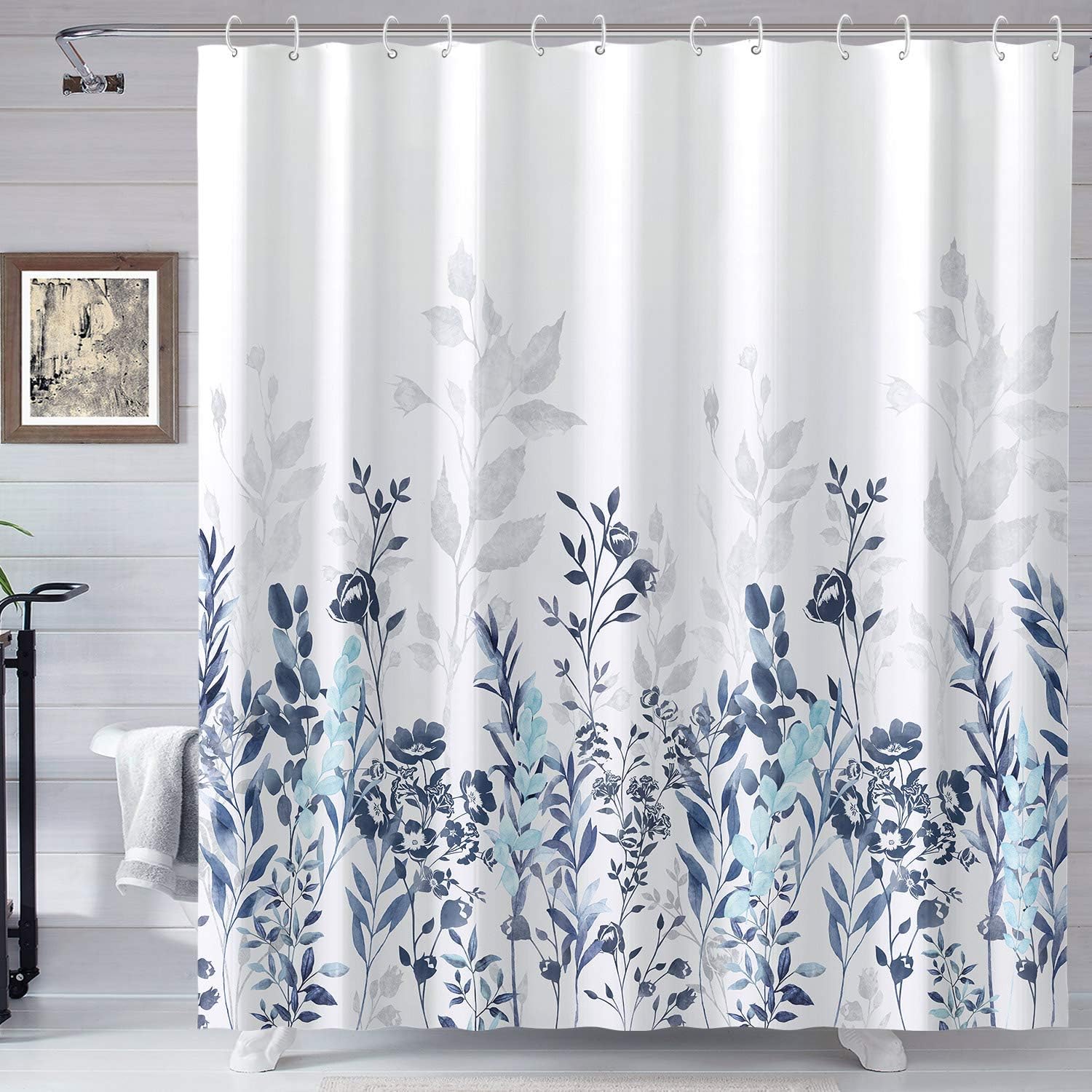 Neasow Blue and Grey Shower Curtain, Watercolor Floral Bathroom Curtain Teal and White 72×72 inches