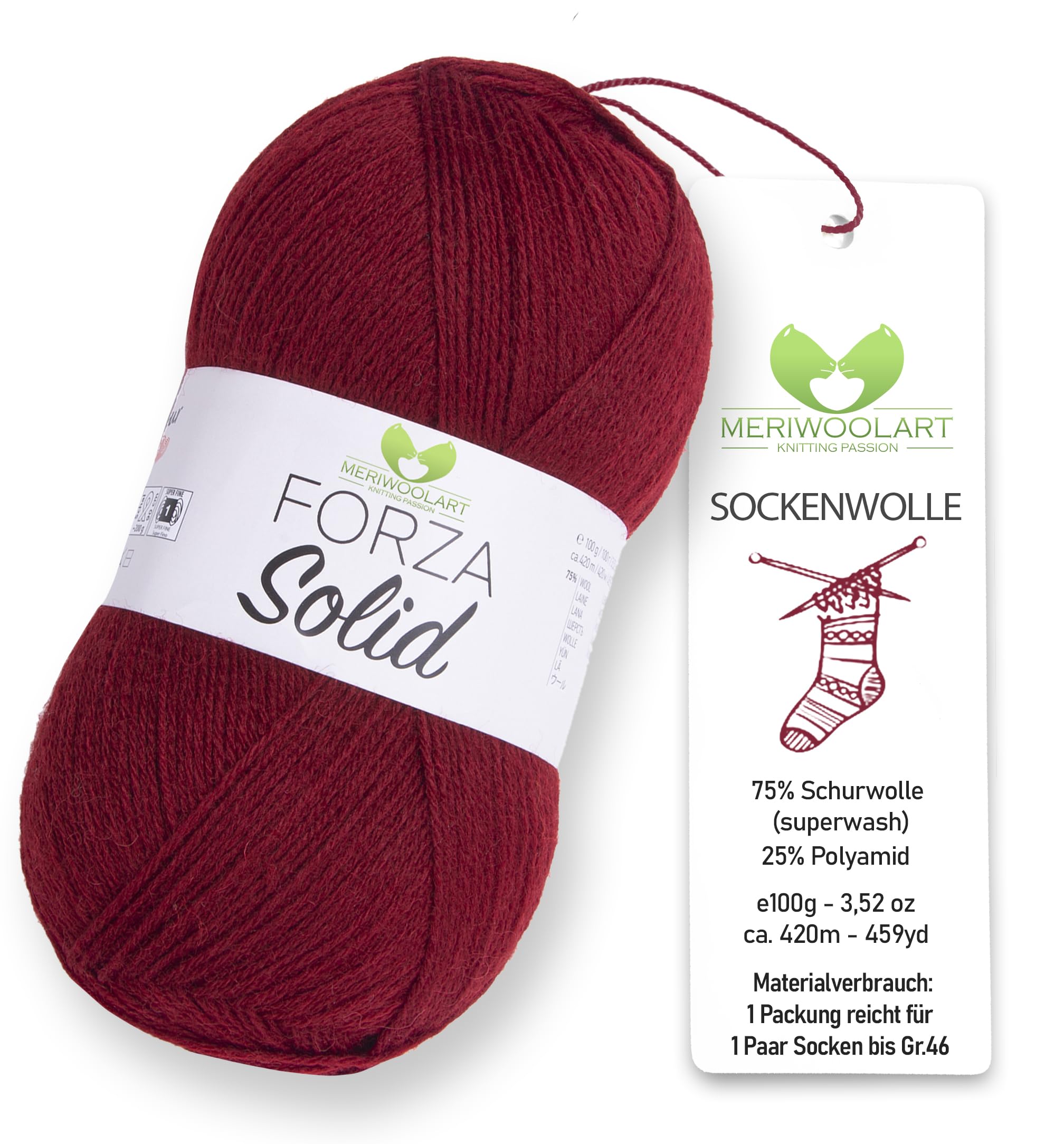 MeriWoolArt Sock Yarn, 75% Virgin Wool Superwash, 100g/420m, Purple, 4-Ply for Socks and Sweaters (Wine Red-4646)