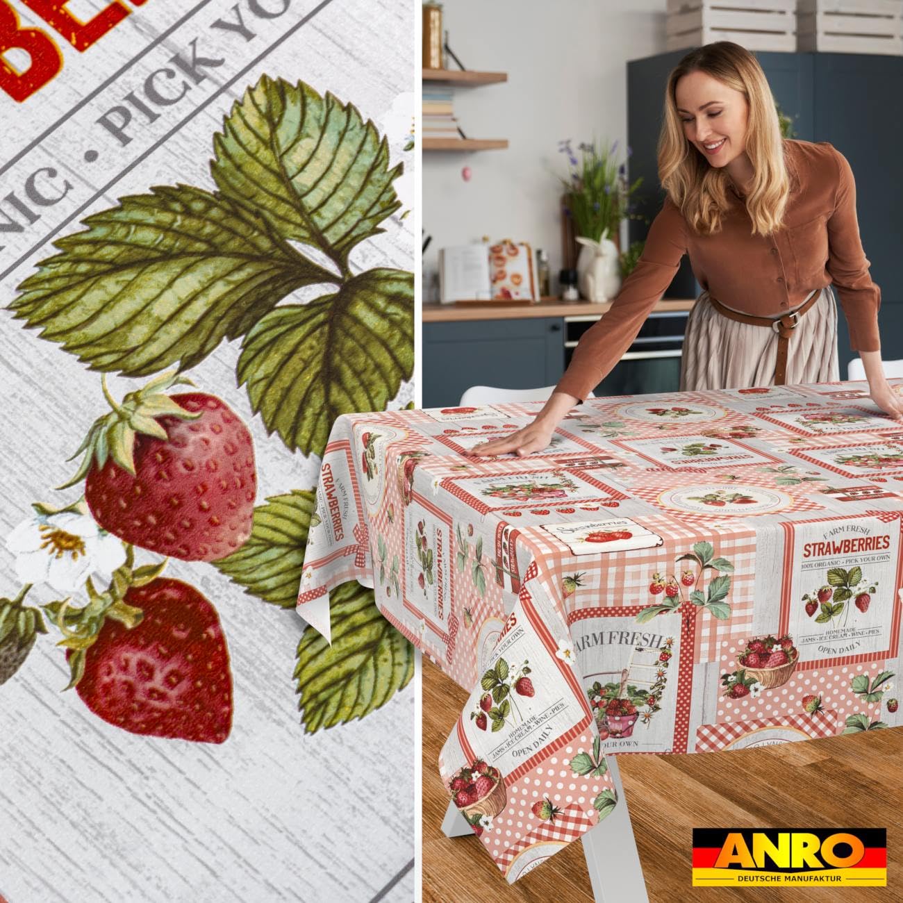Wachstuch Tischdecke abwaschbar Wachstischdecke pflegeleicht Lotuseffekt Outdoor Gartentischdecke Erdbeeren 220 x 140 cm (Oval)