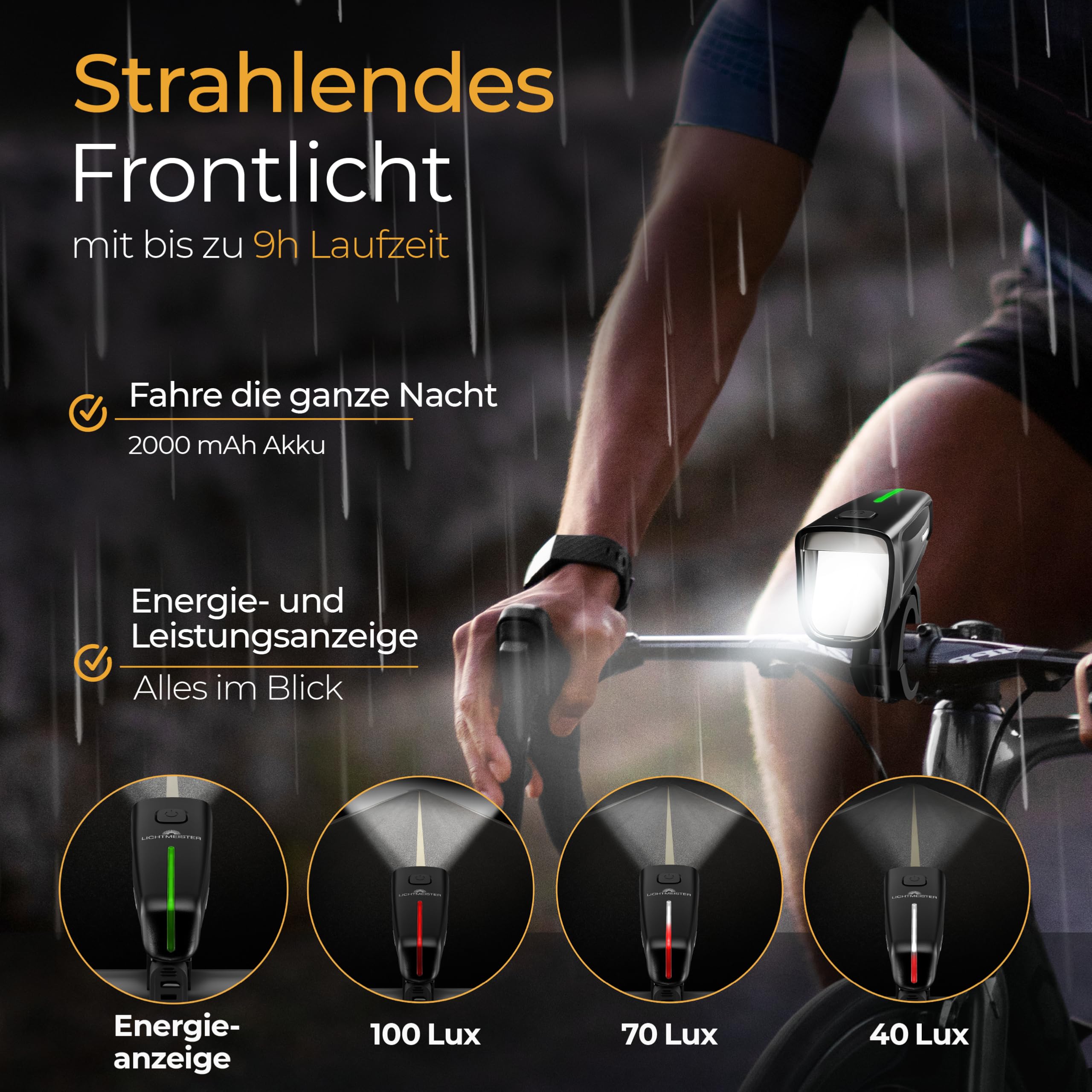 LICHTMEISTER® Fahrradlicht 100 Lux - 2000 mAh Akku - mit Reflektor und Bremslicht - StVZO zugelassen, USB-C aufladbar & wasserfest - Fahrradlicht Set - LED Fahrradbeleuchtung - Fahrrad Licht vorne