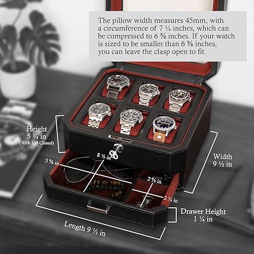Miniatura 2 de ROTHWELL Caja de reloj de cuero con 6 ranuras y cajón de valet, organizador de exhibición de lujo para relojes, forro de microgamuza, soporte para