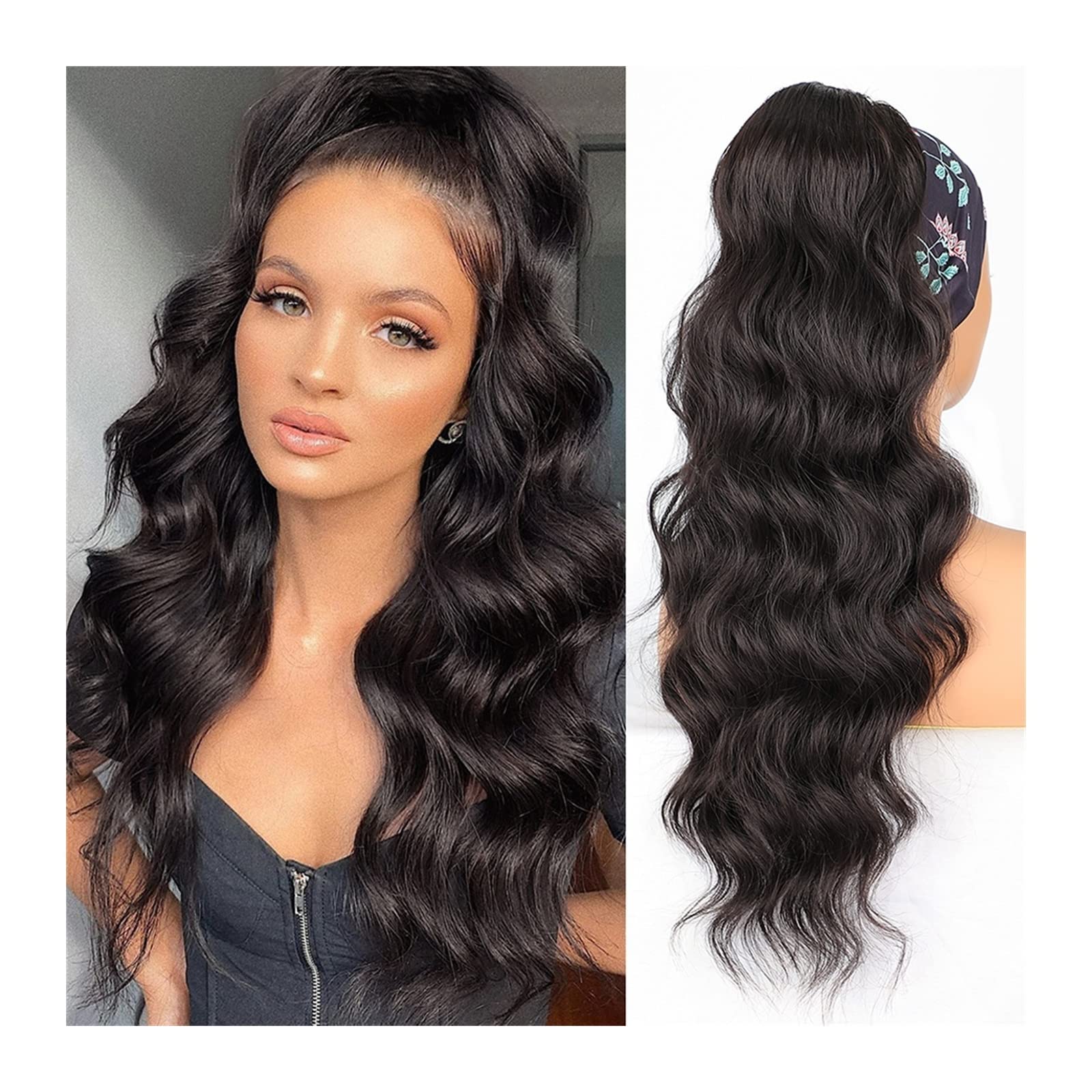 Cola de Caballo Cola de caballo con cordón ondulado de cuerpo largo sintético for mujer Extensión de cabello con cordón de onda esponjosa de 26 pulgadas Clip suave natural en postizo de cola de caball
