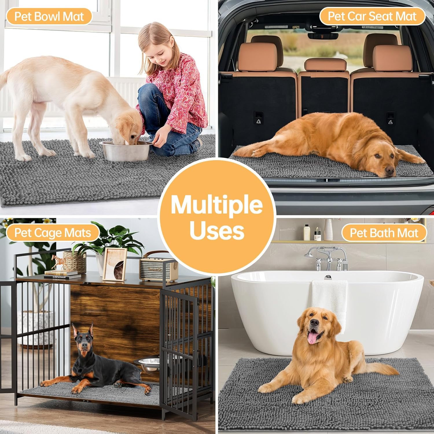 Absorbent Dog Door Mat for Muddy Paws, 60" x 48" Chenille Indoor Mats for Entryway, Trap Dirt Front Door Mat Indoor Entrance Washable Non Slip Soft Light Grey