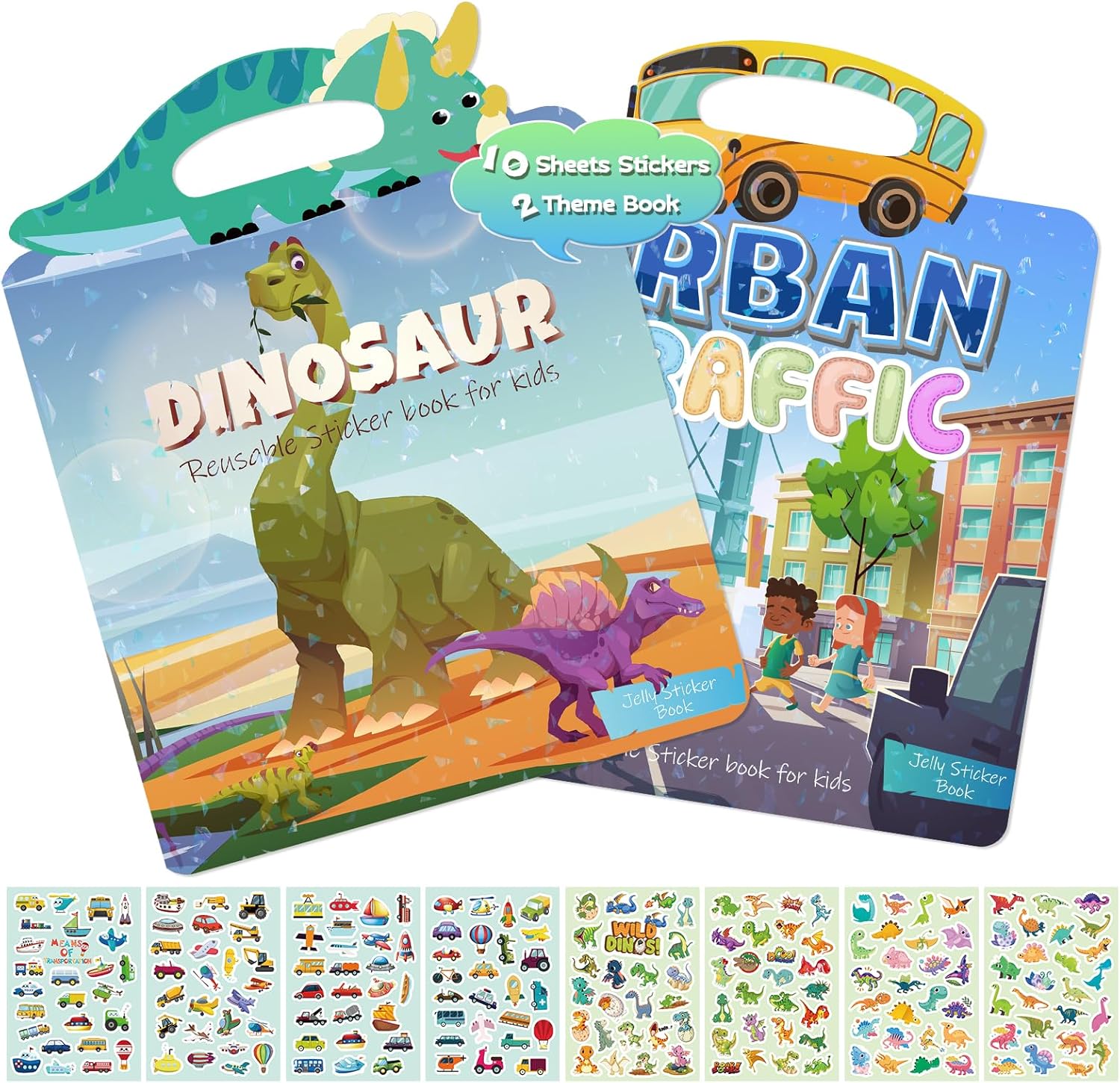 BEBOAN 2 Sets Reusable Dinosaur & Vehicle Puffy Sticker Books for Toddlers 2-8 Years, 10 Sheets Stickers, Green, Blue, Purple, Silicone Material, Contemporary Style, Indoor Use