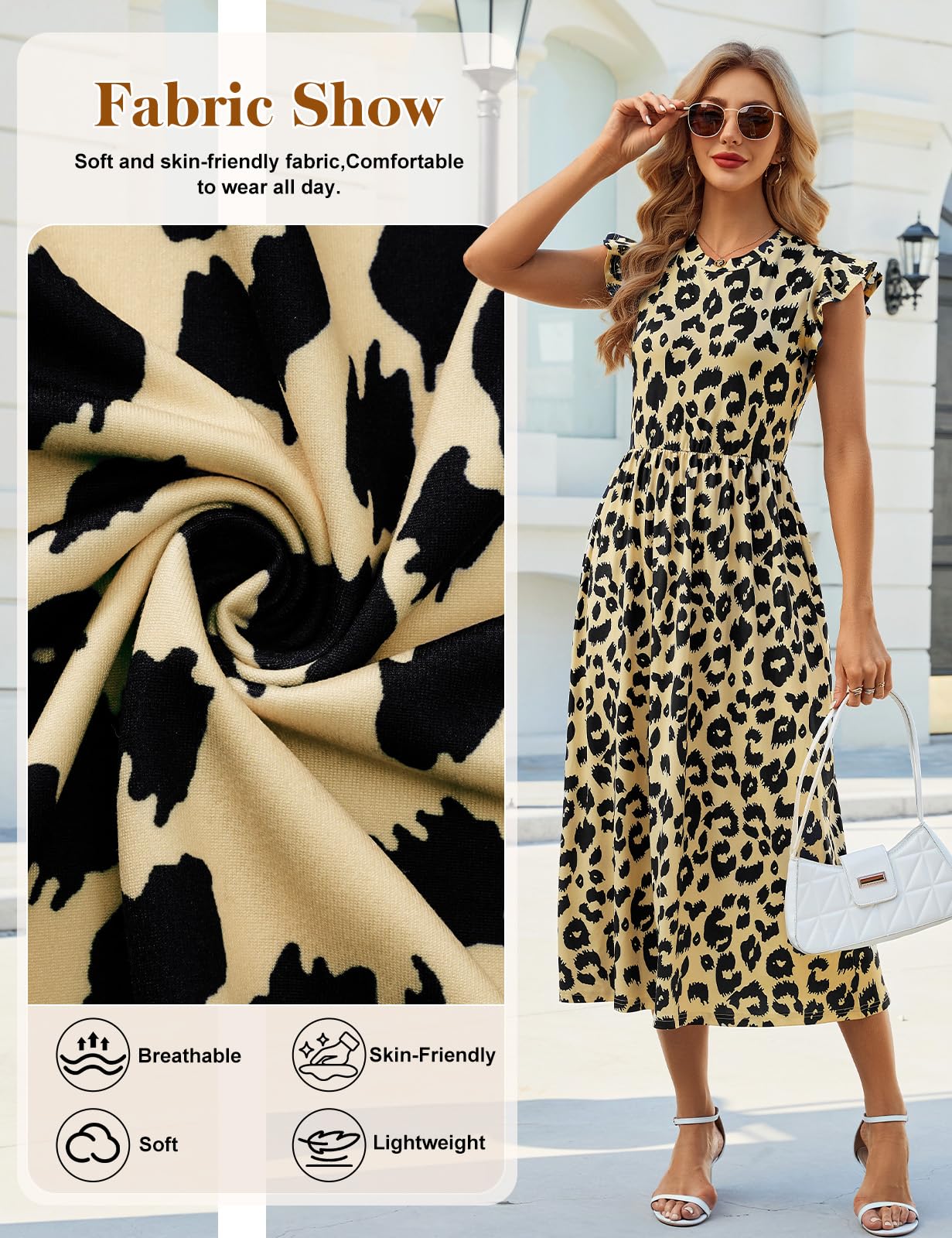 HEEKPEK Abito Estivo Donna Eleganti Chic Lungo Vestiti Scollo a Rotondo Maniche Ruffles Casual Stampa Vestito Abiti Boho Mare Spiaggia con Tasca