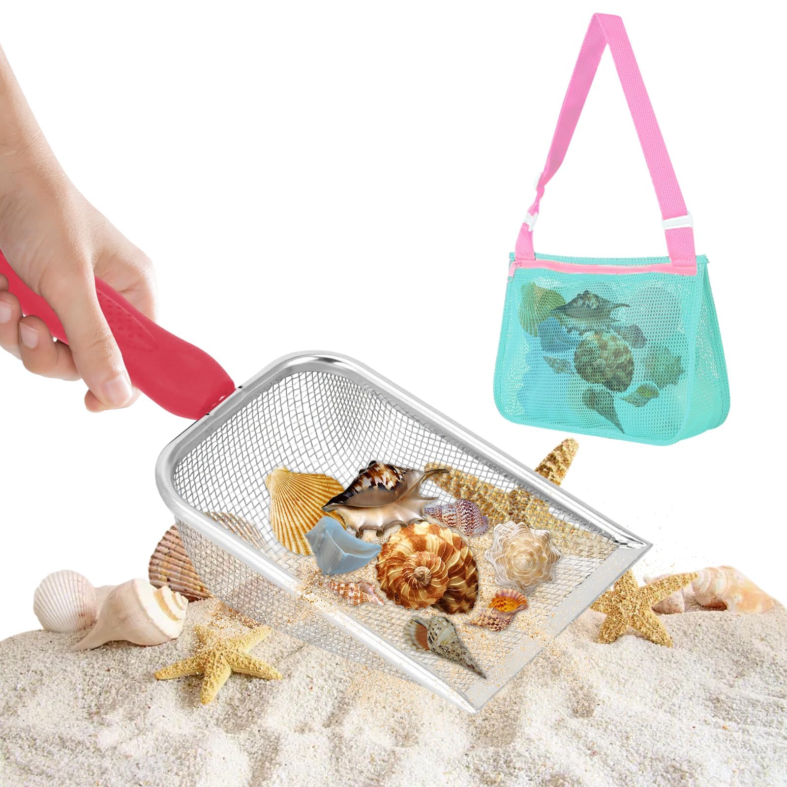 Zabawka Plażowa Dla DziePci, Metalowa łopata Plażowa Dla Dzieci, Zbieranie Muszli Filtracyjnych, Siatkowa Torba Plażowa Dla Dziewczynek i Dziewczynek (Pudru Uchwyt)