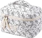 uekeboag Large Travel Quilted Makeup Bag for Women, Floral Cotton Cosmetic Bag, Coquette Aesthetic Floral Toiletry Organizer Bag