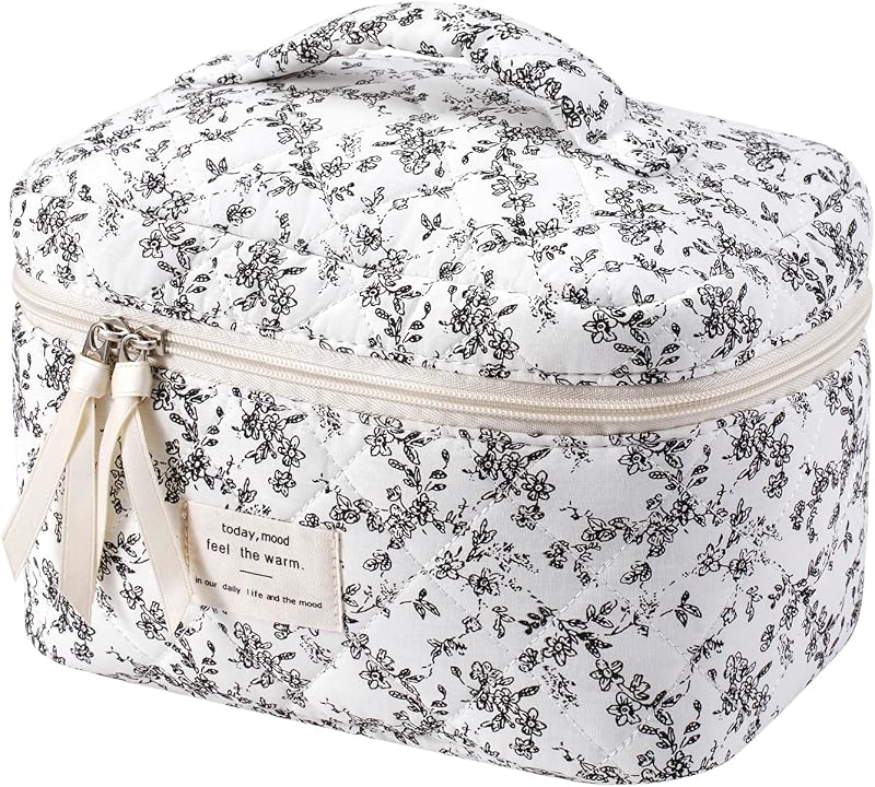 Necessaire de maquiagem acolchoada RSRSLEII com estampa floral preta, 22 Black Flower