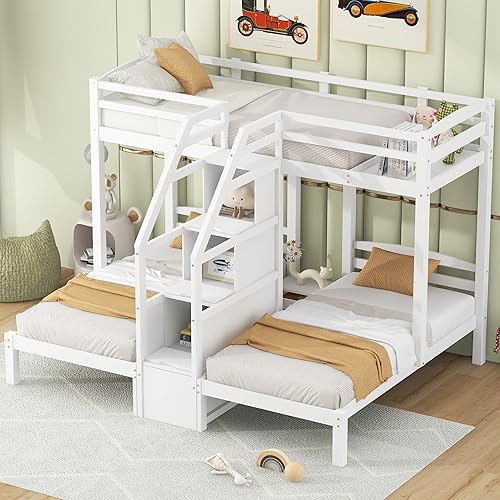 Miniatura 64 de Litera triple de madera maciza con cajones de almacenamiento y escalera, base de litera resistente con barandillas de protección para niños y