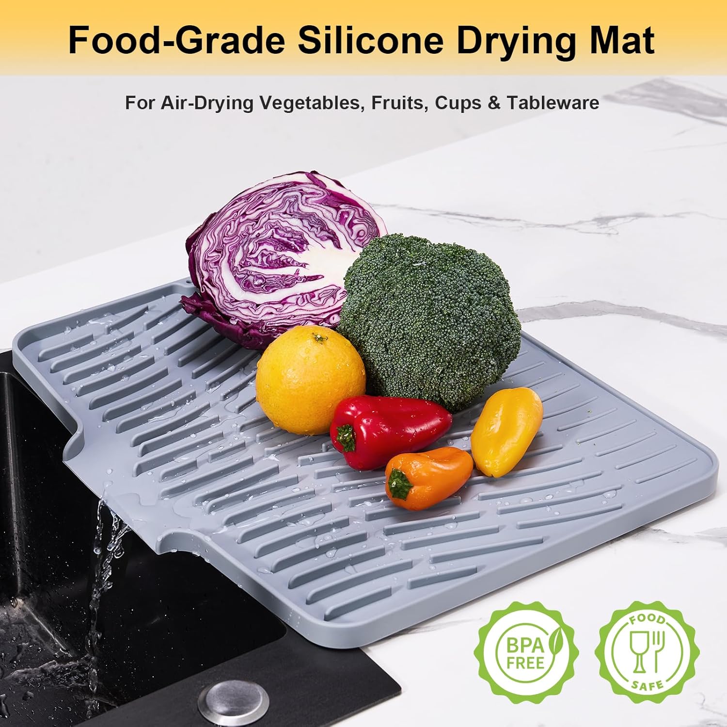 Silicone Dish Drying Mat for Kitchen Counter,Non-Slip Dish Drying Pad with Drain Lip,Heat Resistant Sink drying Mat for Dishes,Large Rubber dish drain mat dish rack mat (Grey,15.8"x13") - Image 3