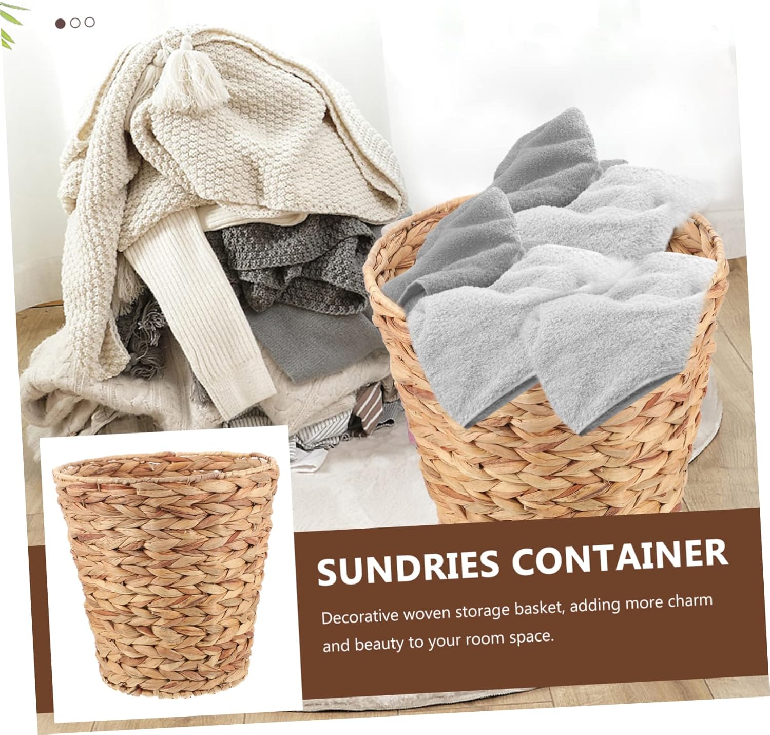 Sundries Storage Basket Decorative Woven Waste Container for Seagrass Design for Living Room Bathroom and Bedroom Organization