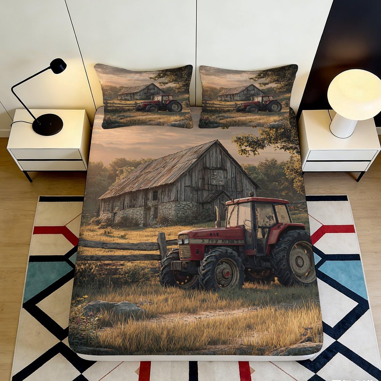 3D Printed Rustic Barn Fitted Sheet Microfiber Anti-Slip Tractor Scene Mattress Cover for Bedroom Guest Room, Easy Care 90x200x25cm