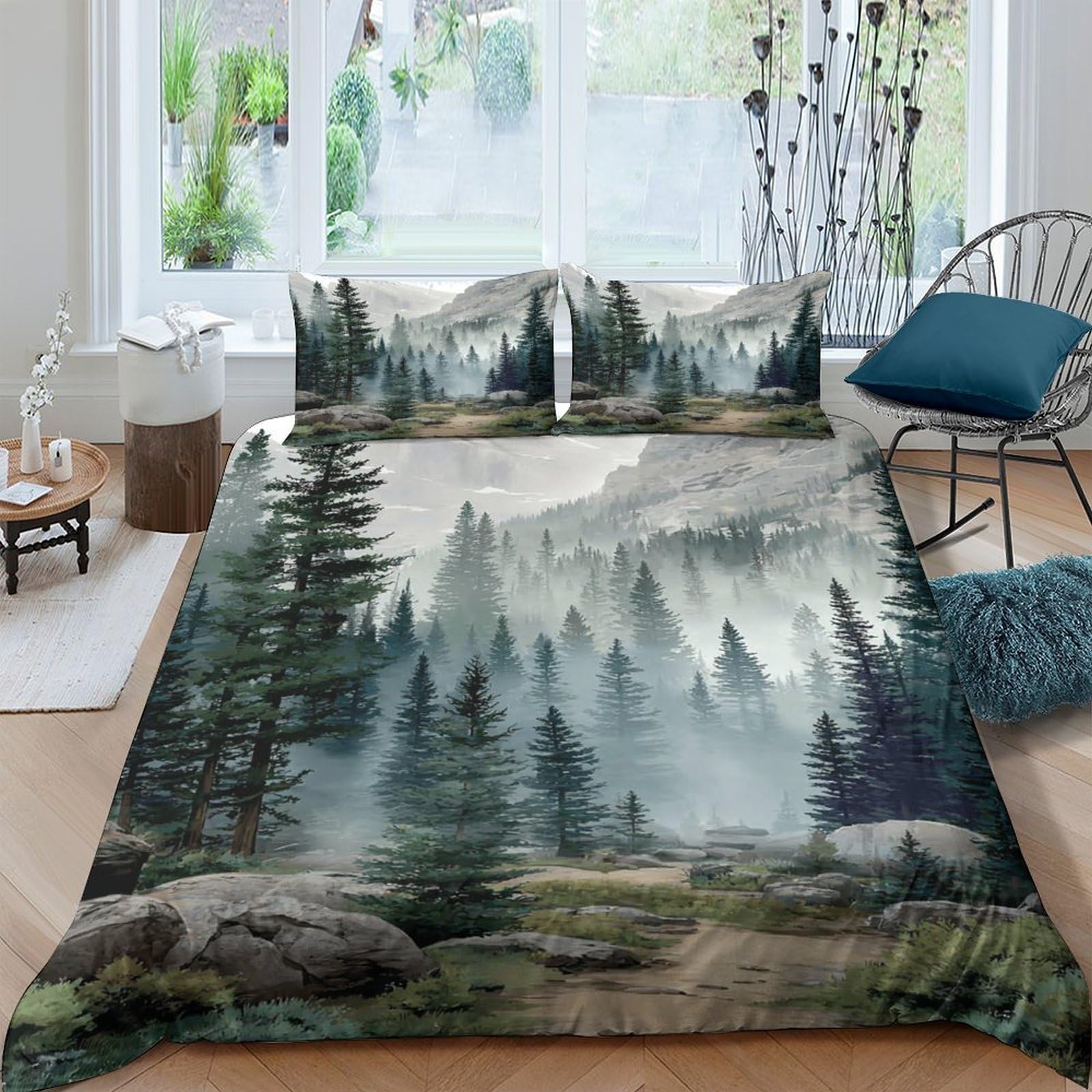 Ctjqhvkz Style-1 3D Printed Forest Mist Fitted Sheet Microfiber Soft Woodland Mountain Bed Cover For Bedroom Guest Room Decor Single（135X200cm）