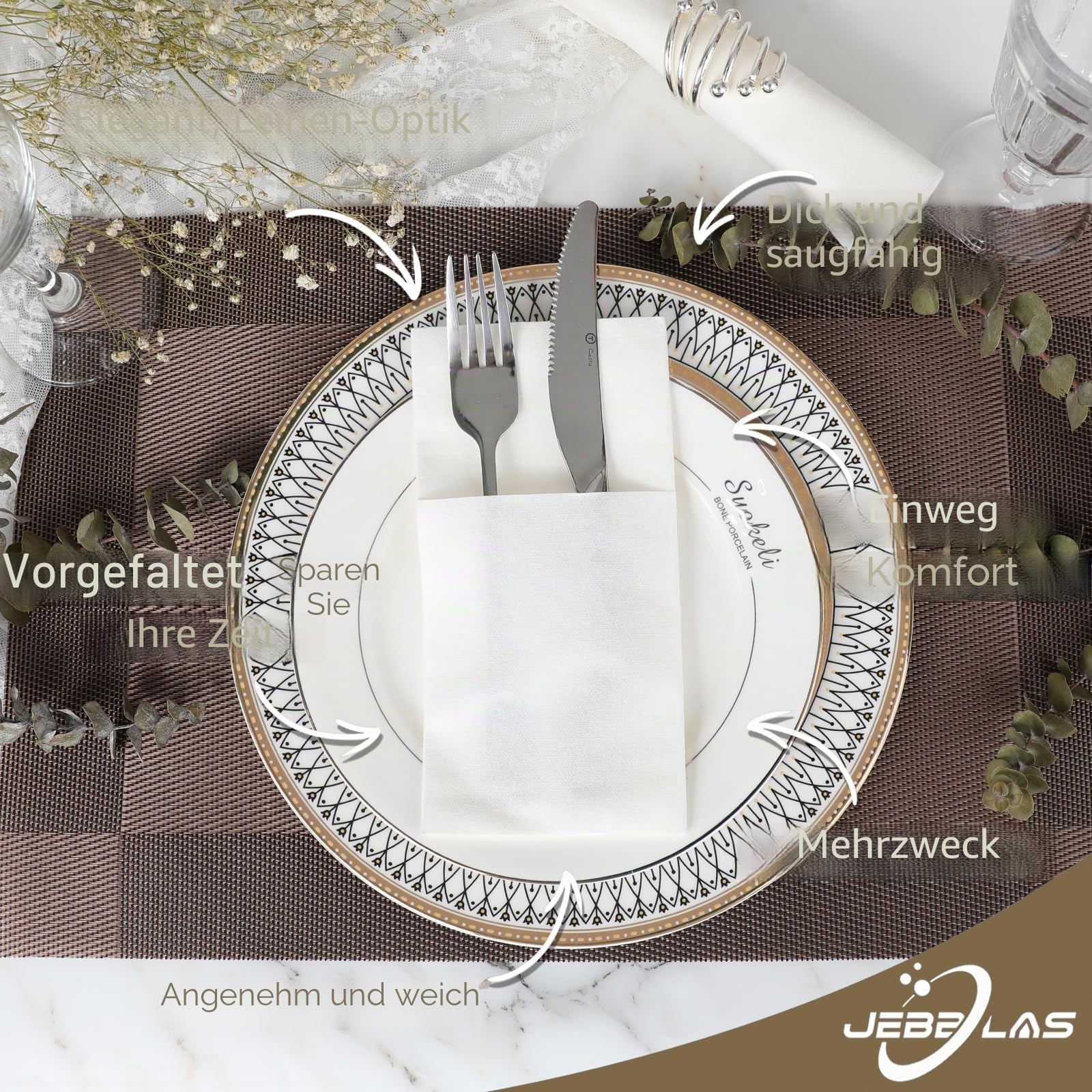 JEBBLAS Einweg-Stoffservietten, integrierte Bestecktasche, Hochzeitsparty, Leinengefühl, weiße Serviette, vorgefaltet für Besteck (Weiß50)