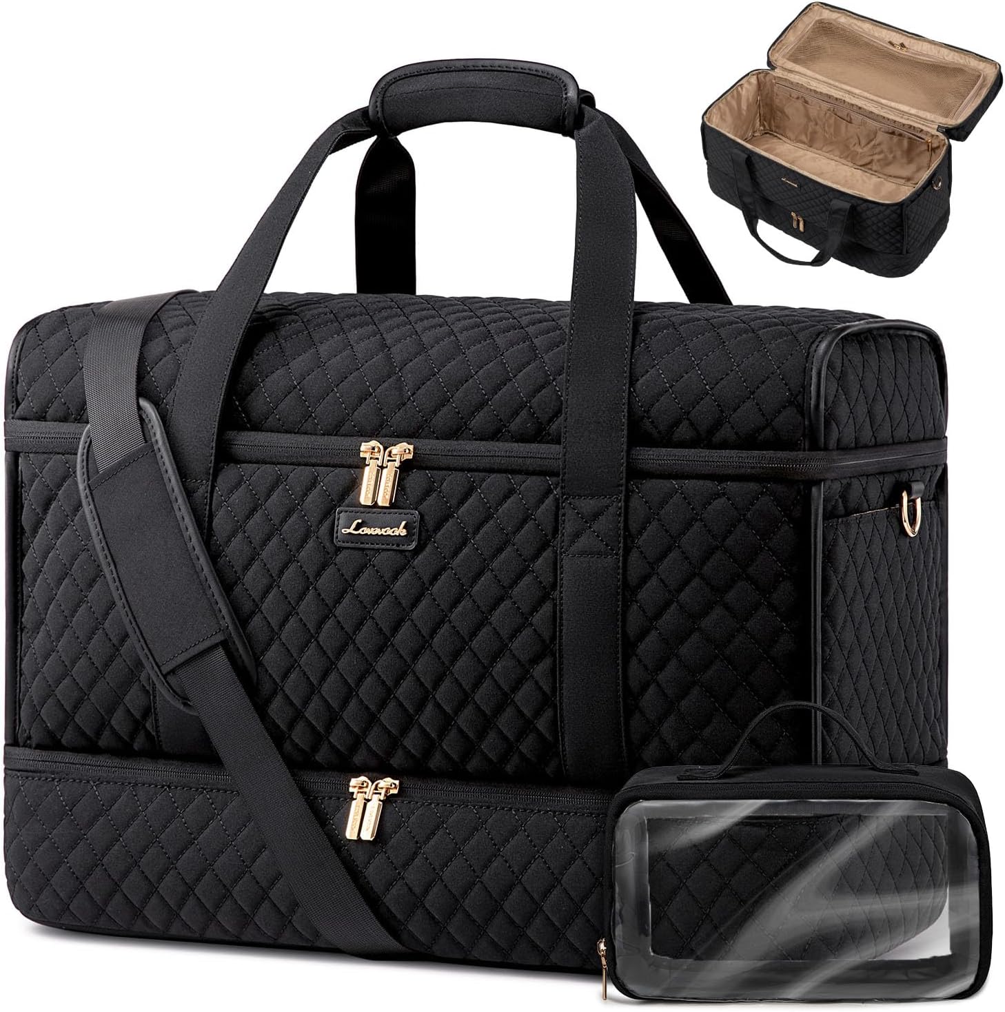 LOVEVOOK Travel Bags for Women, Weekend Overnight Maternity Duffel Gym Bag with Shoe Compartment, Large Opening Hospital Cabin Hand Luggage, Carry On Holdall Flight Womens, Black