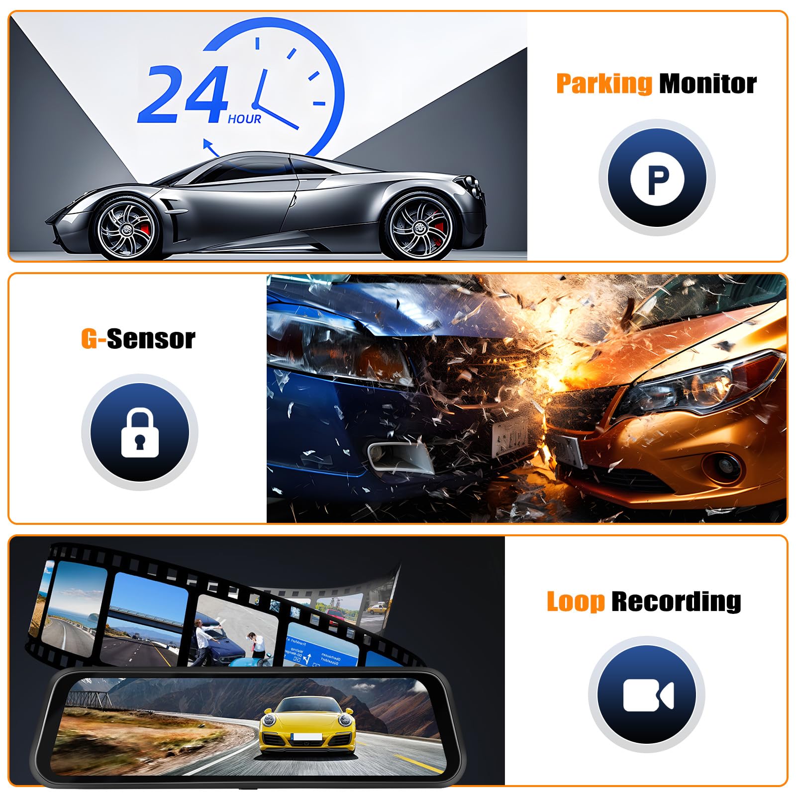 CAMECHO 9.66 Pollici 2K Mirror Dashcam Auto con 2 Telecamere 1080P, Anteriore 150° e Posteriore Dash Cam 120° con Linea inversa, Visione Notturna, Sensore G, Scheda da 64 GB WIFI APP