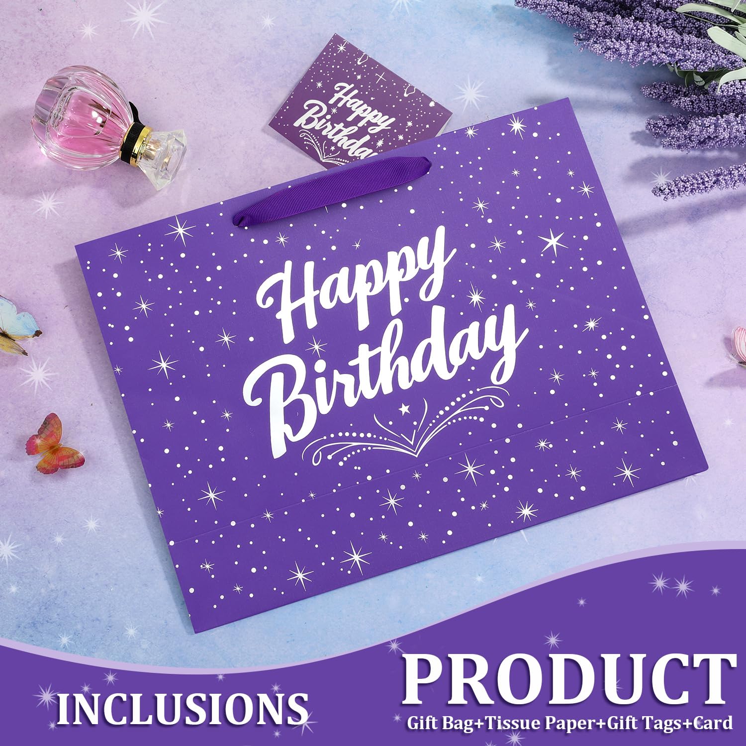 13" Purple Happy Birthday Gift Bag with Tissue Paper and Greeting Card for Party,Happy Birthday Gift Bag for Men Women,Gift Bags Medium size