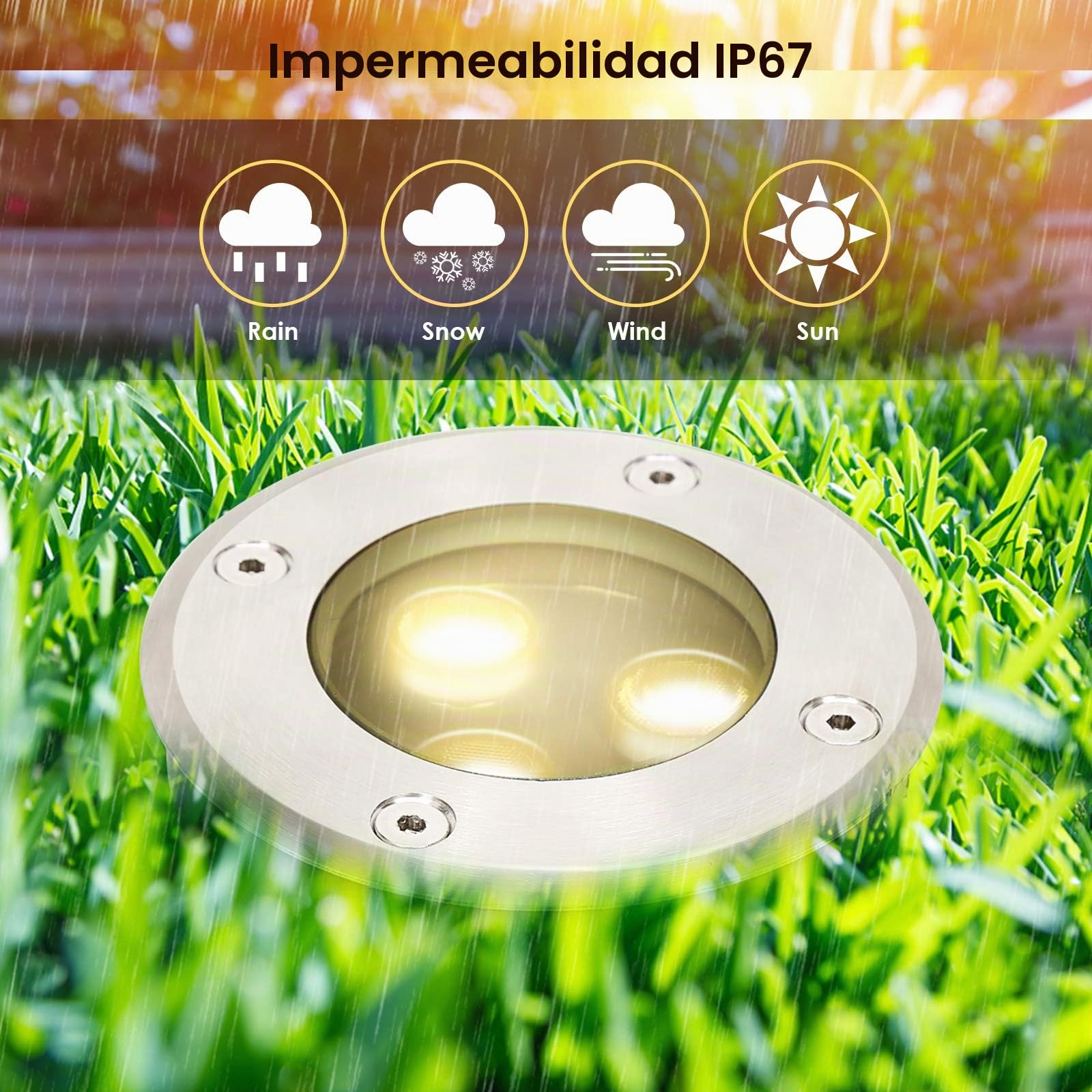 Lospitch Paquete de 8 focos de suelo, luz de suelo LED redonda de 3 W que se puede conducir, iluminación de jardín exterior impermeable IP65 para jardín, balcón, entrada (blanco cálido)