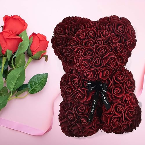 Miniatura 6 de Oso de peluche hecho de rosas, de 10 pulgadas, con más de 250 rosas artificiales, para regalo de aniversario o para una boda, con caja de regalo