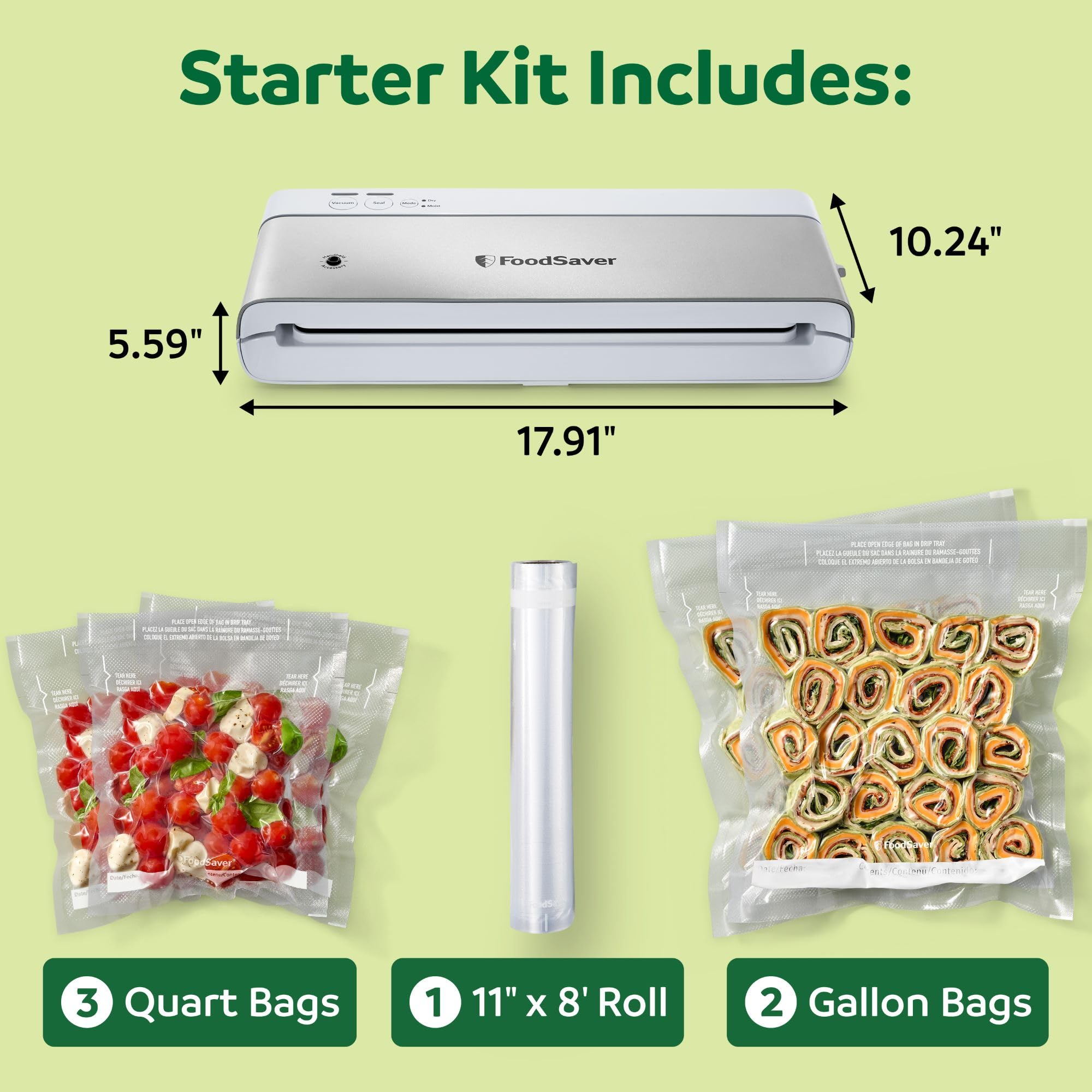 FoodSaver Máquina compacta de envasado al vacío con bolsa de sellado y rollo para almacenamiento hermético de alimentos y Sous Vide, blanco