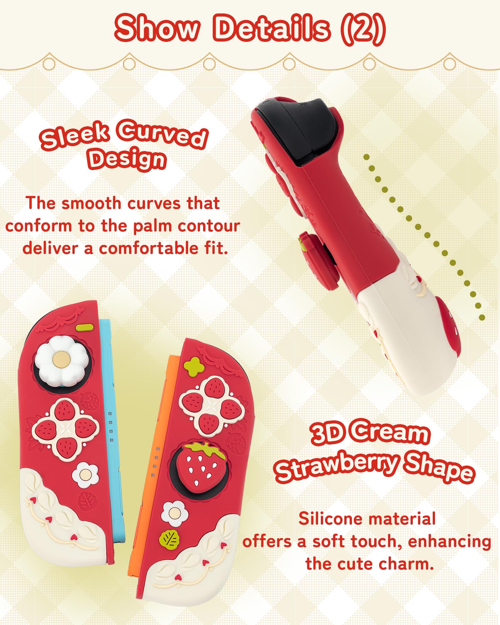 GeekShare Custodia protettiva in silicone morbido compatibile con Switch 2, custodia antigraffio compatibile con Switch 2 guscio protettivo separabile con 2 tappi per pollice, fragole con crema (rosso