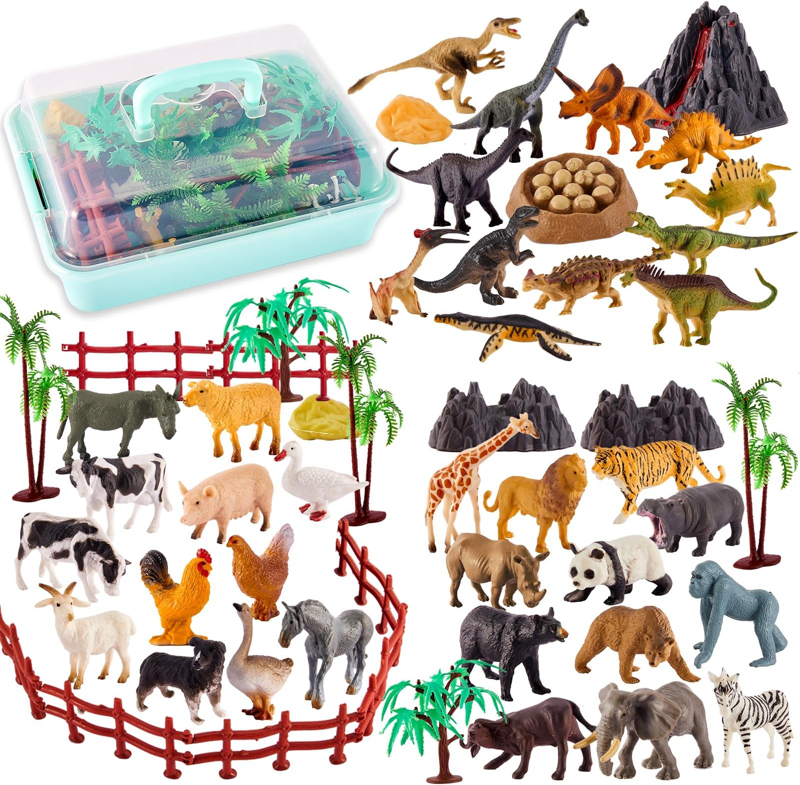 3 in 1 Animals Toys, Farm Animals, Wild Jungle Zoo Animal, Dinosaur Toy, Mini Animal Figures Set with Carry Case, 56PCS, Gifts for Kids Boys Girls 3 4 5 6 Years Old