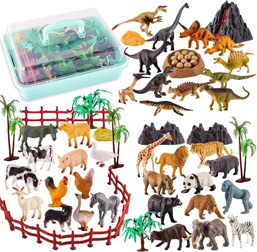 TOEY PLAY 3 in 1 Figuras de Animales, Animale Granja, Dinosaurios Juguetes | Animales del Zoológico, 56PCS Animales de Juguete con Caso Portátil para Niños niñas 3 4 5 6 años
