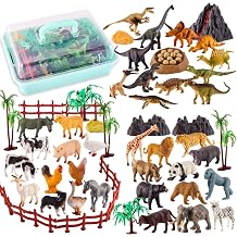 TOEY PLAY 3 in 1 Animal Figures Dinosaur Figures Safari Wildlife Farm Toys 56 pcs with Portable Suitcase Gift for Kids Boys 3 years and older