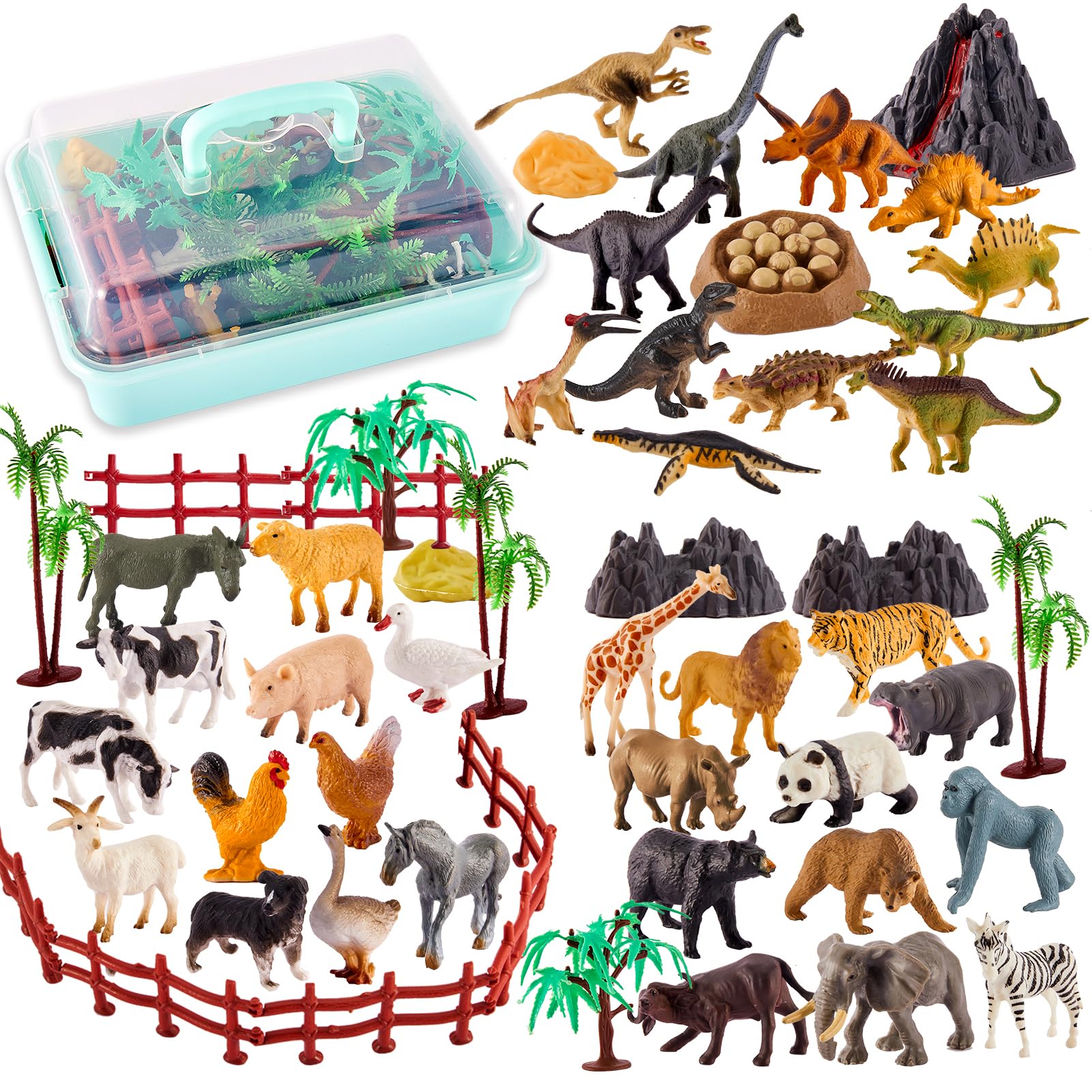 TOEY PLAY Jouet Figurines Animaux de la Ferme, Animaux Zoo, Dinosaure Jouet | 56 Pièces Mini Sauvages Savane Animaux Figure Ensemble de Jouets avec Malette, Jeux Cadeau pour Enfants 3 4 5 Ans