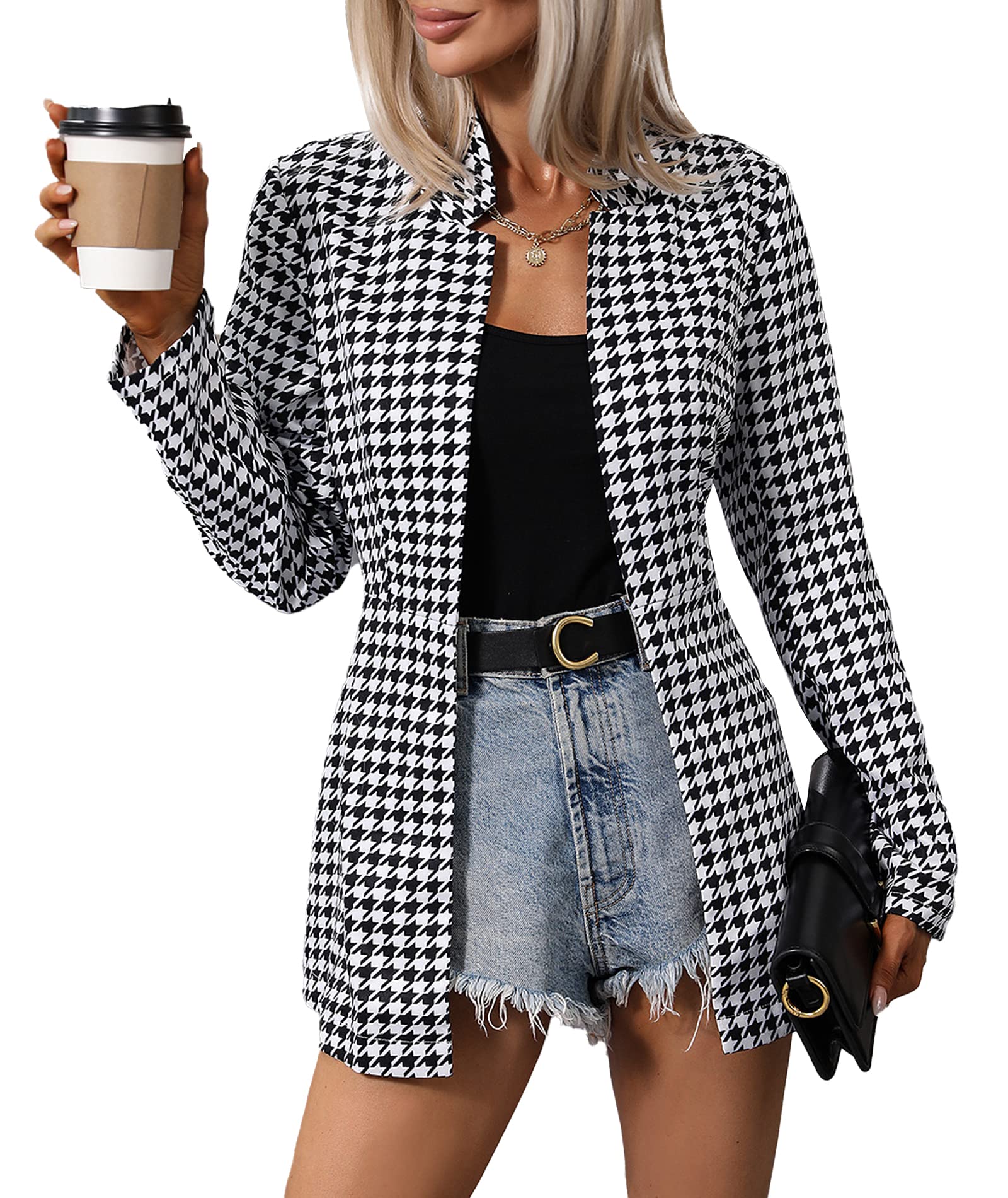 SOMTHRON Womens Houndstooth Blazer Suit Notched Stand Collar Slim Fit Work Office Open Front Jacket Outwear