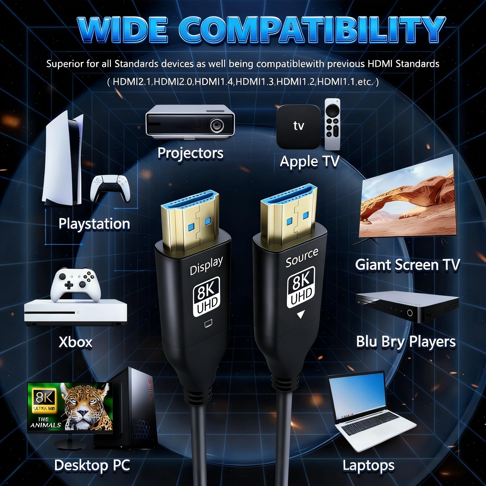 Asnish Cavo HDMI in fibra ottica 8K, 15,2 m, 2.1, ultra 48 Gbps, sottile e flessibile, ad alta velocità, 8K a 60 Hz, 4K a 120 Hz, HDR/eARC/ARC/HDCP/2.2, 3D, compatibile con PS5/TV/proiettore/DVD e