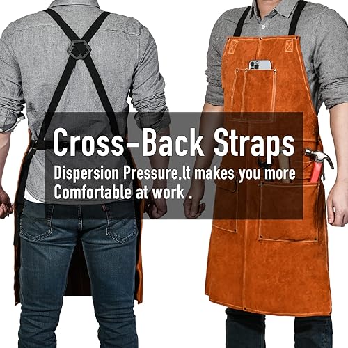 Miniatura 25 de Delantal de trabajo de soldadura de cuero, delantal con peto resistente al calor y a las llamas, delantal ignífugo resistente para barbacoa